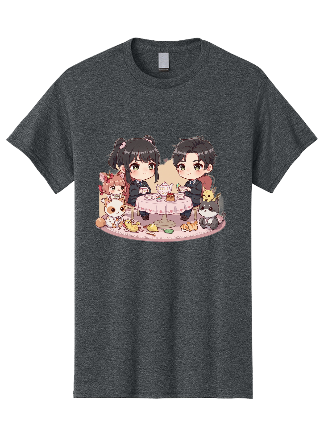 Couple-Having-Tea Men'S Graphic Tee, 100% Cotton, Comfortable Casual Summer Wear, Machine Washable, Couple Having Tea, Cartoon Characters, Anime Style, Tea Party, Adorable Animals, Heartwarming Scene, Tea Cups, Teapot, Sweet Treats, Bab822