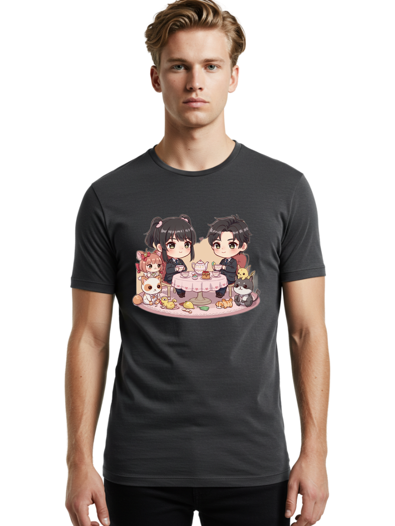 Couple-Having-Tea Men'S Graphic Tee, 100% Cotton, Comfortable Casual Summer Wear, Machine Washable, Couple Having Tea, Cartoon Characters, Anime Style, Tea Party, Adorable Animals, Heartwarming Scene, Tea Cups, Teapot, Sweet Treats, Bab822