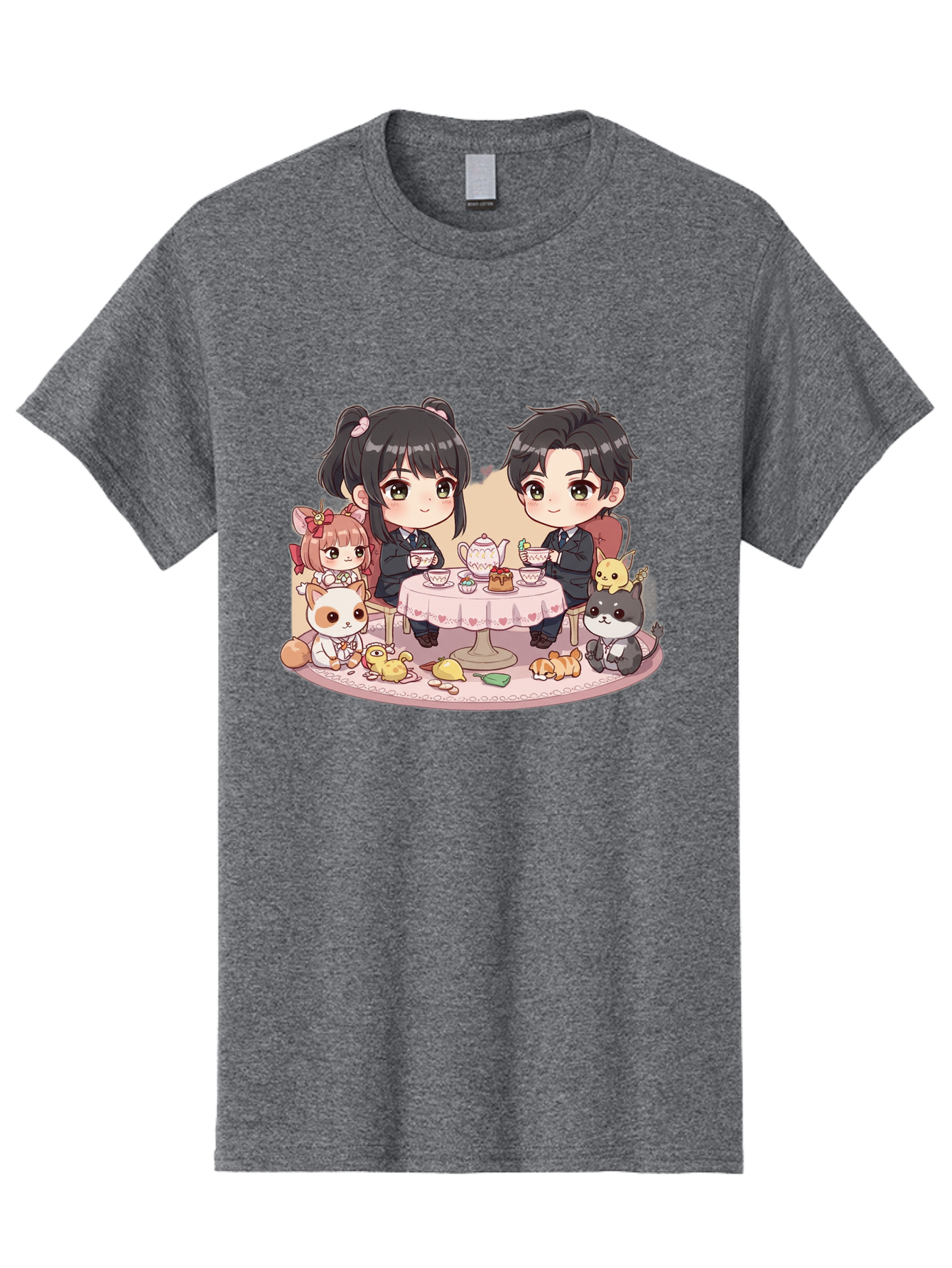 Couple-Having-Tea Men'S Graphic Tee, 100% Cotton, Comfortable Casual Summer Wear, Machine Washable, Couple Having Tea, Cartoon Characters, Anime Style, Tea Party, Adorable Animals, Heartwarming Scene, Tea Cups, Teapot, Sweet Treats, Bab822