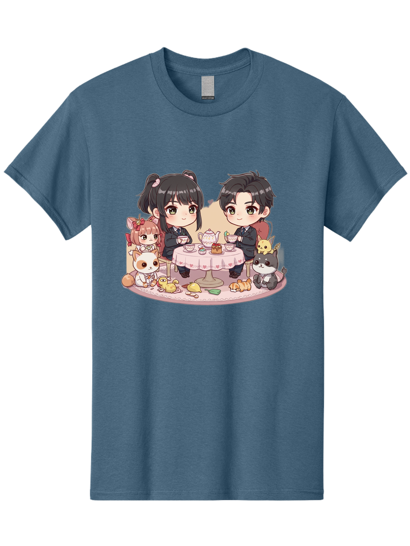 Couple-Having-Tea Men'S Graphic Tee, 100% Cotton, Comfortable Casual Summer Wear, Machine Washable, Couple Having Tea, Cartoon Characters, Anime Style, Tea Party, Adorable Animals, Heartwarming Scene, Tea Cups, Teapot, Sweet Treats, Bab822