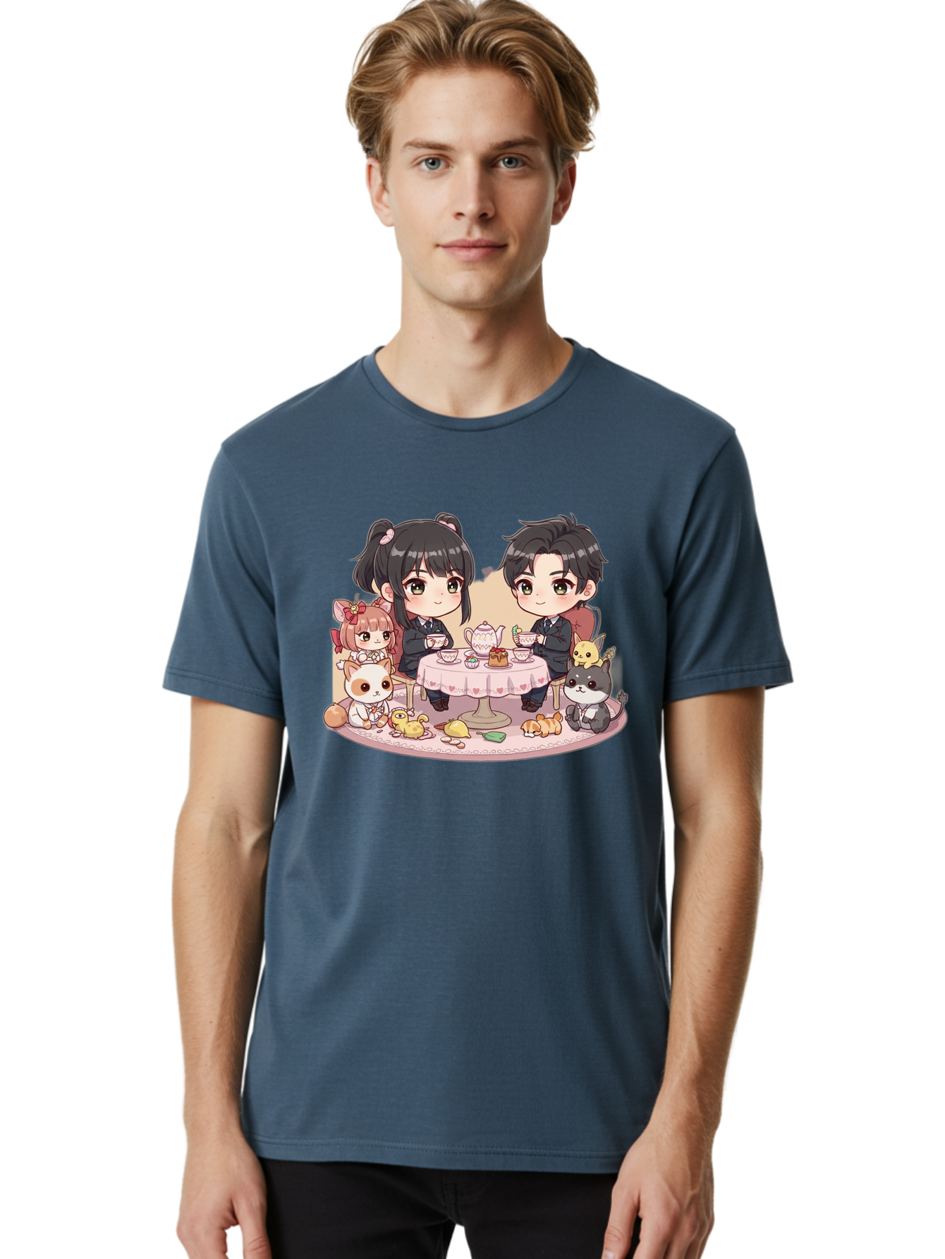 Couple-Having-Tea Men'S Graphic Tee, 100% Cotton, Comfortable Casual Summer Wear, Machine Washable, Couple Having Tea, Cartoon Characters, Anime Style, Tea Party, Adorable Animals, Heartwarming Scene, Tea Cups, Teapot, Sweet Treats, Bab822