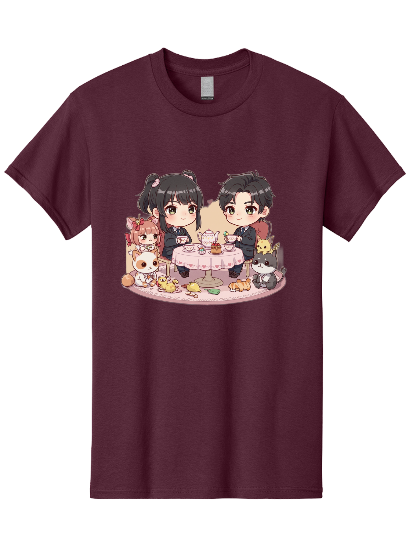Couple-Having-Tea Men'S Graphic Tee, 100% Cotton, Comfortable Casual Summer Wear, Machine Washable, Couple Having Tea, Cartoon Characters, Anime Style, Tea Party, Adorable Animals, Heartwarming Scene, Tea Cups, Teapot, Sweet Treats, Bab822