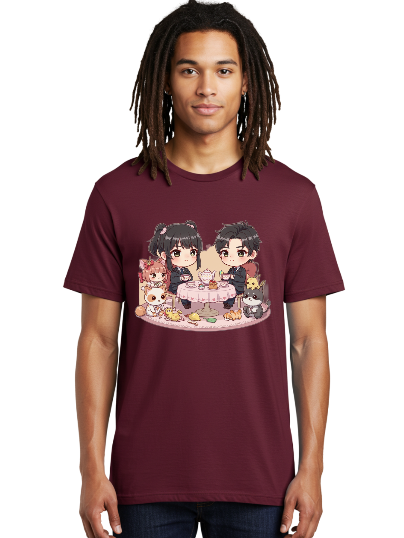 Couple-Having-Tea Men'S Graphic Tee, 100% Cotton, Comfortable Casual Summer Wear, Machine Washable, Couple Having Tea, Cartoon Characters, Anime Style, Tea Party, Adorable Animals, Heartwarming Scene, Tea Cups, Teapot, Sweet Treats, Bab822
