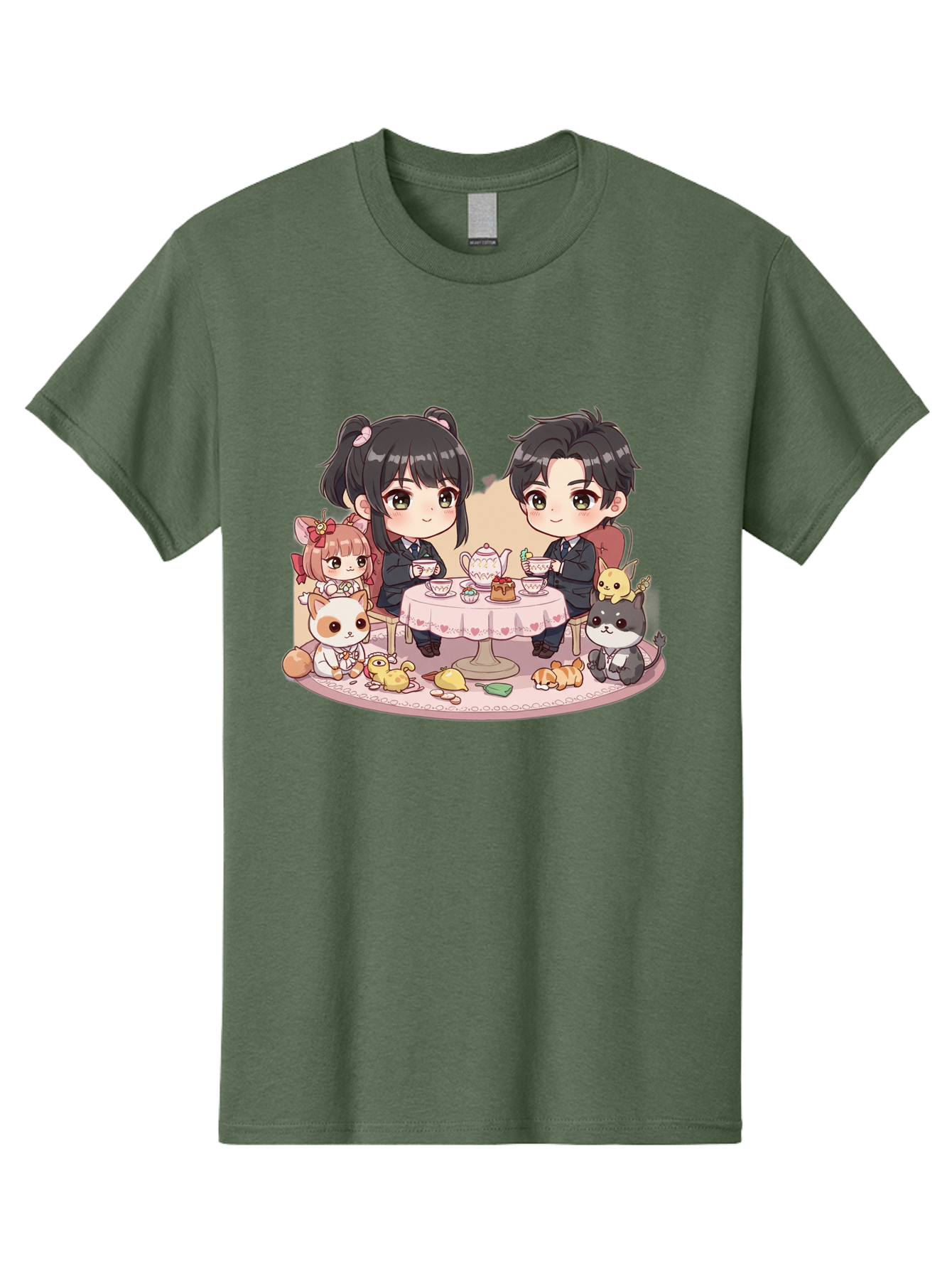 Couple-Having-Tea Men'S Graphic Tee, 100% Cotton, Comfortable Casual Summer Wear, Machine Washable, Couple Having Tea, Cartoon Characters, Anime Style, Tea Party, Adorable Animals, Heartwarming Scene, Tea Cups, Teapot, Sweet Treats, Bab822
