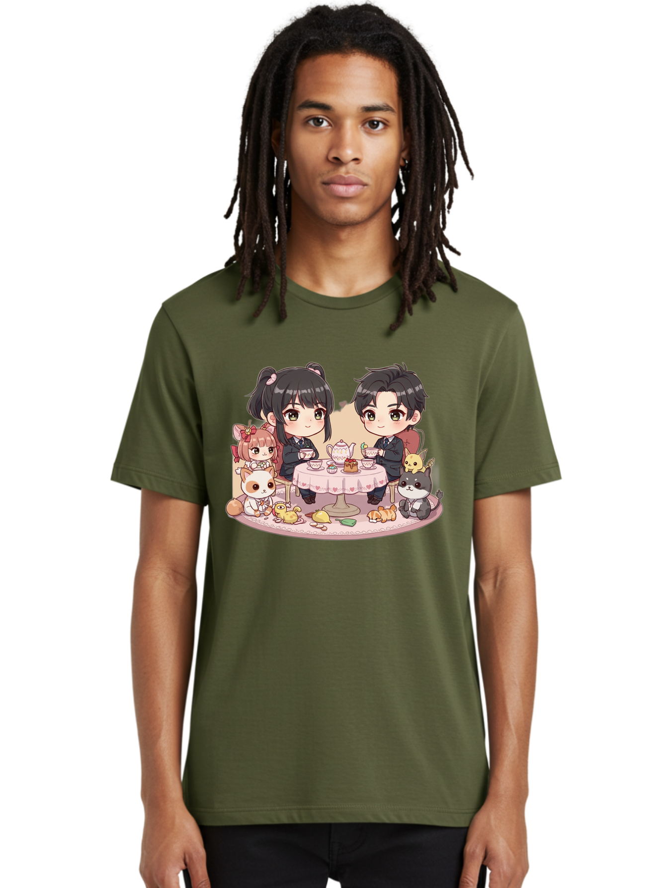 Couple-Having-Tea Men'S Graphic Tee, 100% Cotton, Comfortable Casual Summer Wear, Machine Washable, Couple Having Tea, Cartoon Characters, Anime Style, Tea Party, Adorable Animals, Heartwarming Scene, Tea Cups, Teapot, Sweet Treats, Bab822