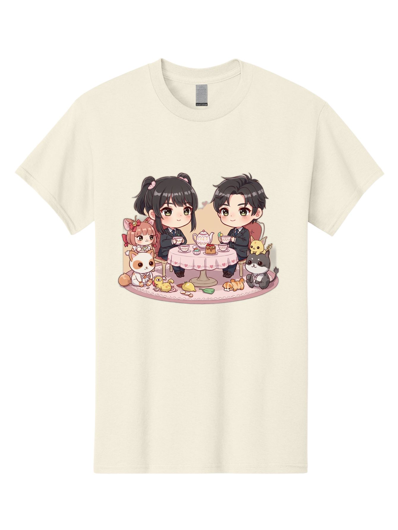 Couple-Having-Tea Men'S Graphic Tee, 100% Cotton, Comfortable Casual Summer Wear, Machine Washable, Couple Having Tea, Cartoon Characters, Anime Style, Tea Party, Adorable Animals, Heartwarming Scene, Tea Cups, Teapot, Sweet Treats, Bab822