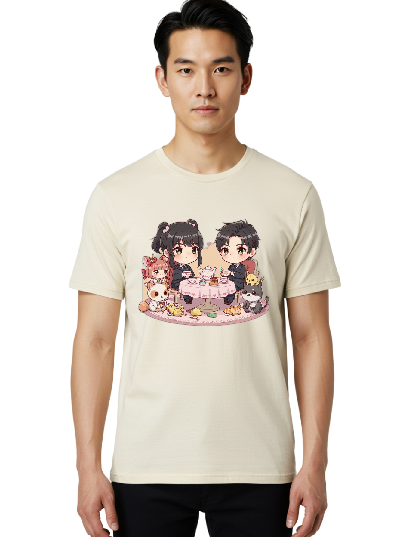 Couple-Having-Tea Men'S Graphic Tee, 100% Cotton, Comfortable Casual Summer Wear, Machine Washable, Couple Having Tea, Cartoon Characters, Anime Style, Tea Party, Adorable Animals, Heartwarming Scene, Tea Cups, Teapot, Sweet Treats, Bab822