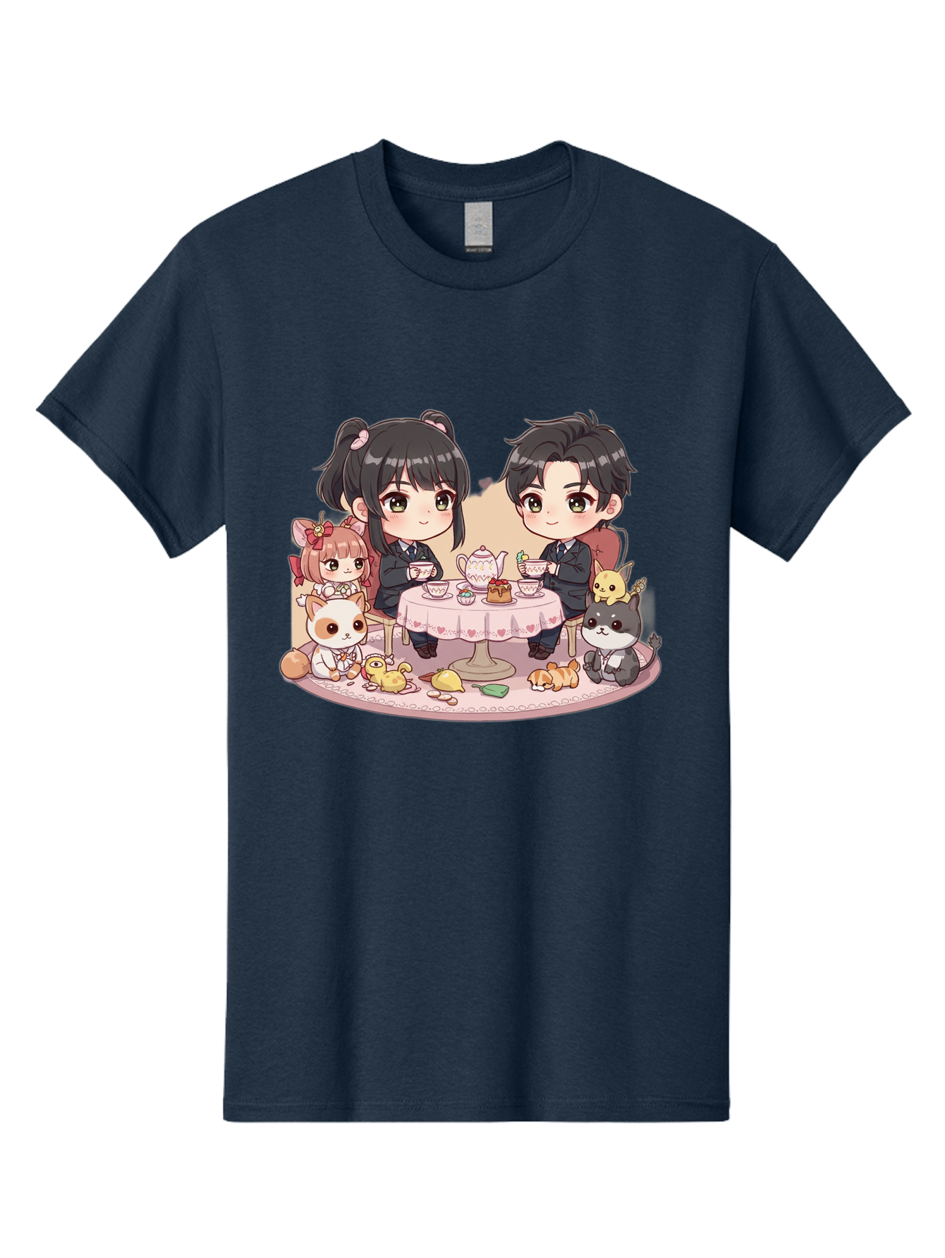 Couple-Having-Tea Men'S Graphic Tee, 100% Cotton, Comfortable Casual Summer Wear, Machine Washable, Couple Having Tea, Cartoon Characters, Anime Style, Tea Party, Adorable Animals, Heartwarming Scene, Tea Cups, Teapot, Sweet Treats, Bab822