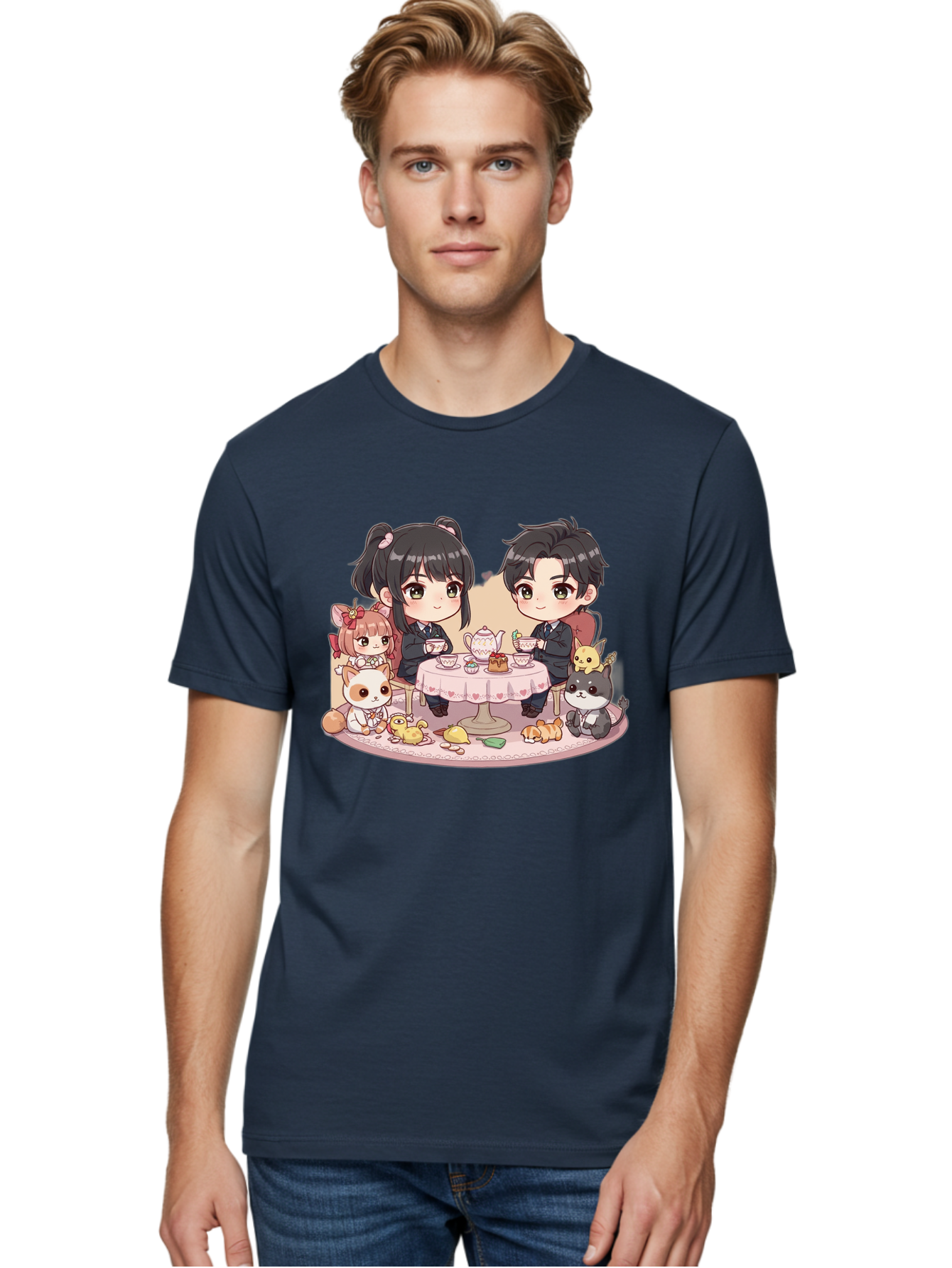 Couple-Having-Tea Men'S Graphic Tee, 100% Cotton, Comfortable Casual Summer Wear, Machine Washable, Couple Having Tea, Cartoon Characters, Anime Style, Tea Party, Adorable Animals, Heartwarming Scene, Tea Cups, Teapot, Sweet Treats, Bab822