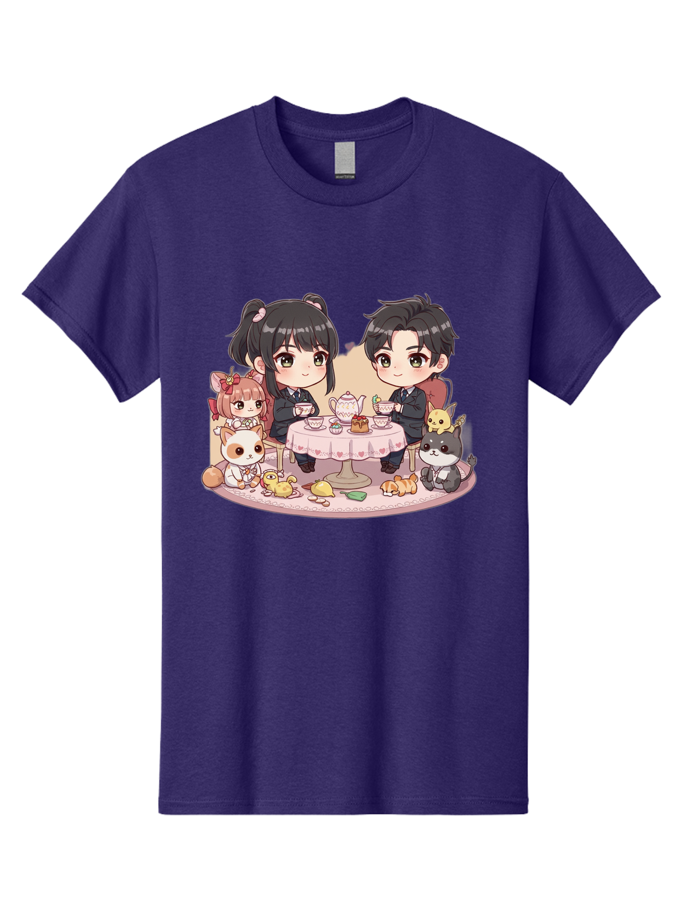 Couple-Having-Tea Men'S Graphic Tee, 100% Cotton, Comfortable Casual Summer Wear, Machine Washable, Couple Having Tea, Cartoon Characters, Anime Style, Tea Party, Adorable Animals, Heartwarming Scene, Tea Cups, Teapot, Sweet Treats, Bab822