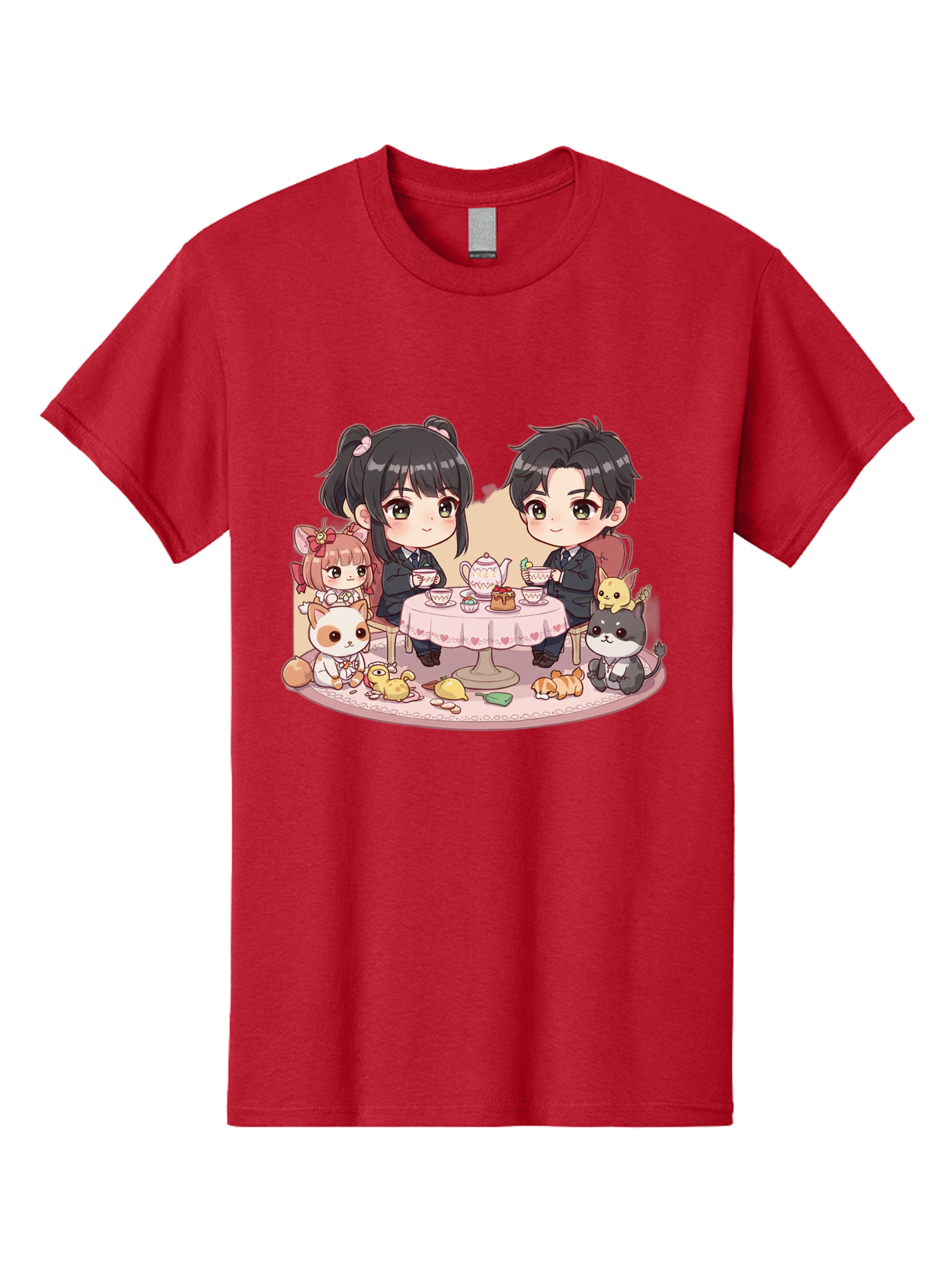Couple-Having-Tea Men'S Graphic Tee, 100% Cotton, Comfortable Casual Summer Wear, Machine Washable, Couple Having Tea, Cartoon Characters, Anime Style, Tea Party, Adorable Animals, Heartwarming Scene, Tea Cups, Teapot, Sweet Treats, Bab822