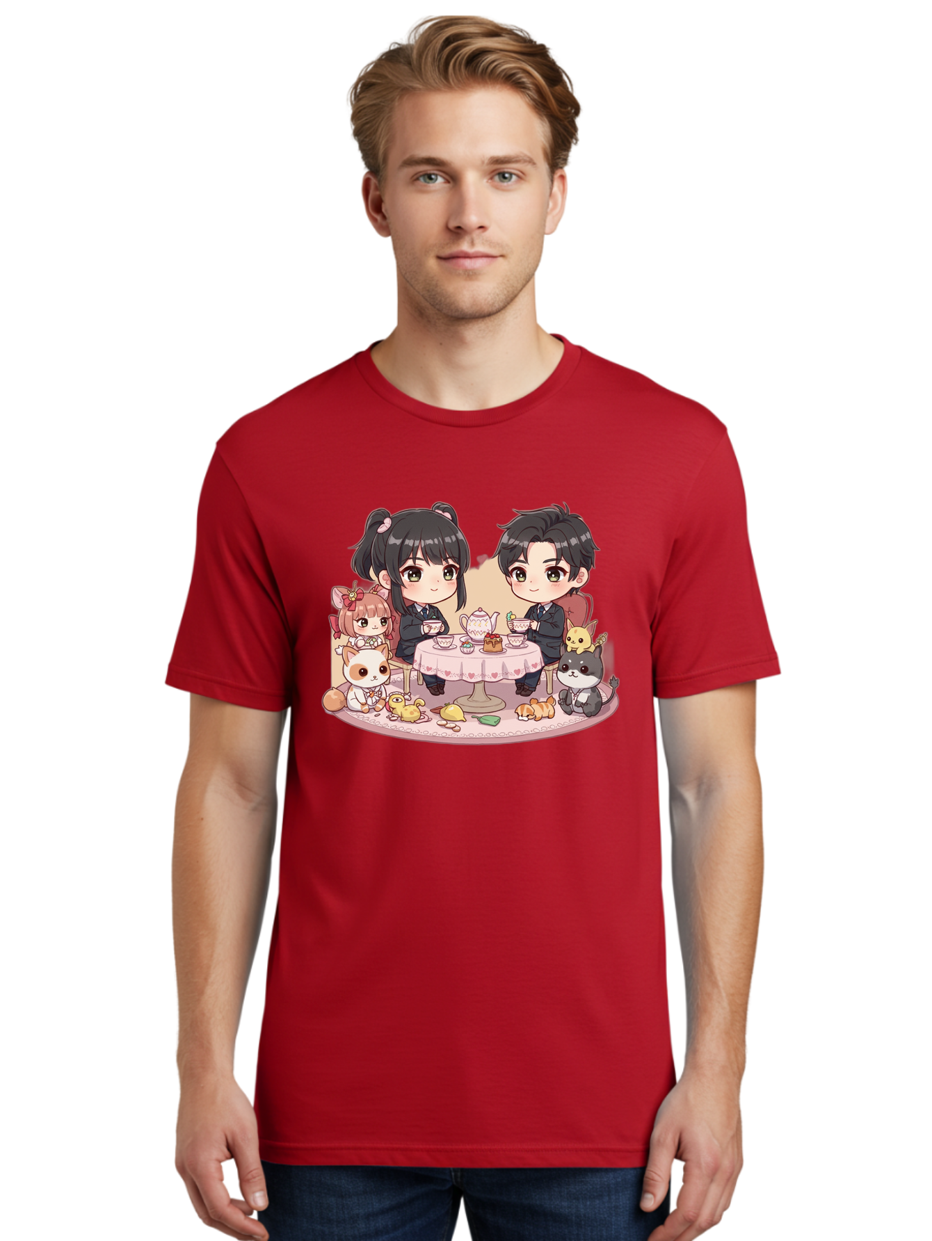 Couple-Having-Tea Men'S Graphic Tee, 100% Cotton, Comfortable Casual Summer Wear, Machine Washable, Couple Having Tea, Cartoon Characters, Anime Style, Tea Party, Adorable Animals, Heartwarming Scene, Tea Cups, Teapot, Sweet Treats, Bab822