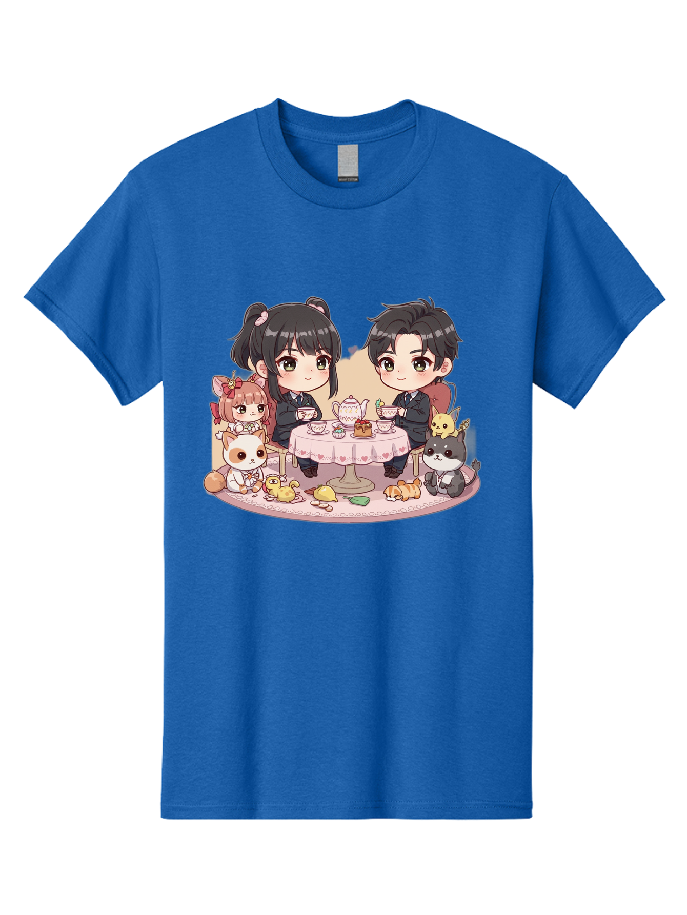Couple-Having-Tea Men'S Graphic Tee, 100% Cotton, Comfortable Casual Summer Wear, Machine Washable, Couple Having Tea, Cartoon Characters, Anime Style, Tea Party, Adorable Animals, Heartwarming Scene, Tea Cups, Teapot, Sweet Treats, Bab822