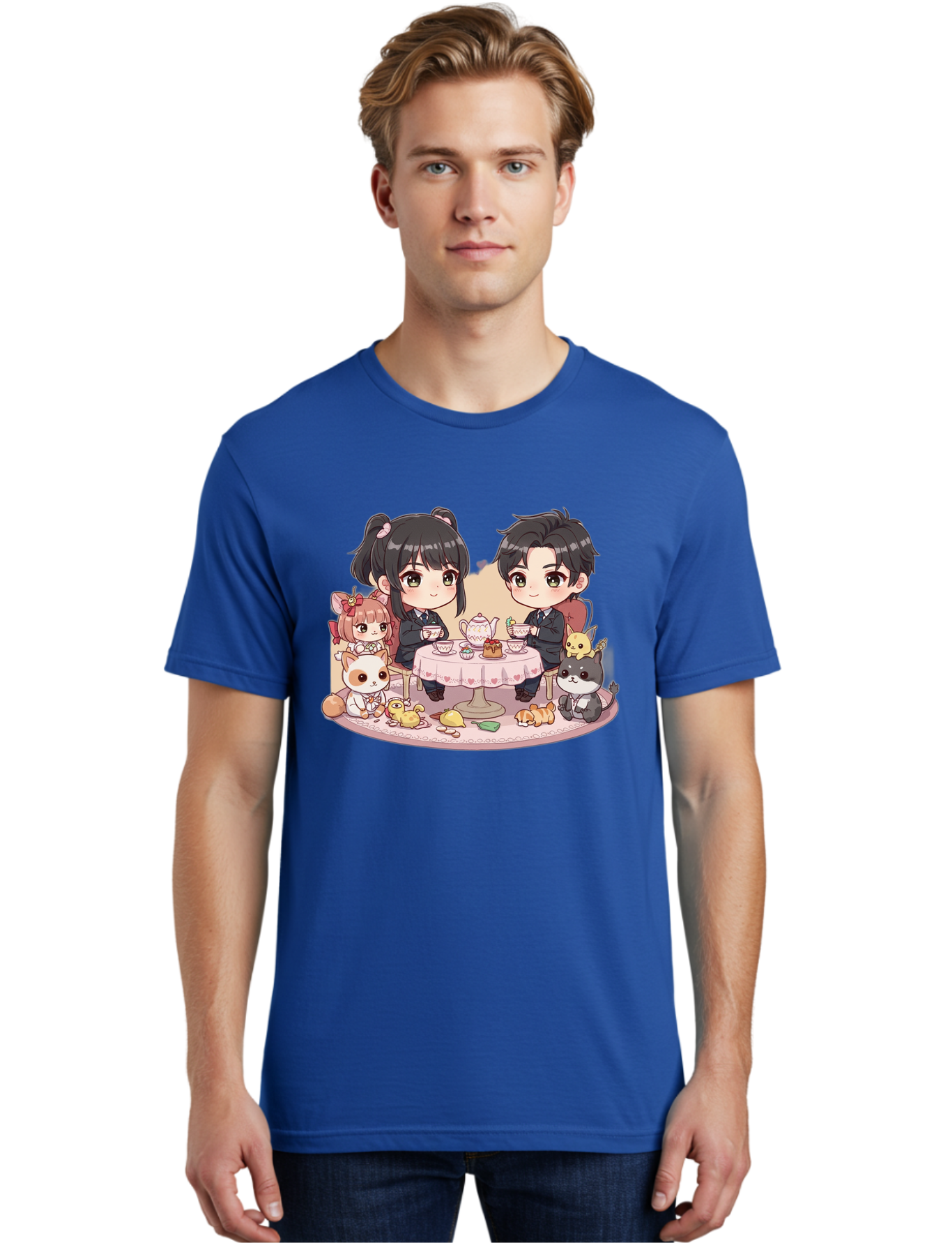 Couple-Having-Tea Men'S Graphic Tee, 100% Cotton, Comfortable Casual Summer Wear, Machine Washable, Couple Having Tea, Cartoon Characters, Anime Style, Tea Party, Adorable Animals, Heartwarming Scene, Tea Cups, Teapot, Sweet Treats, Bab822