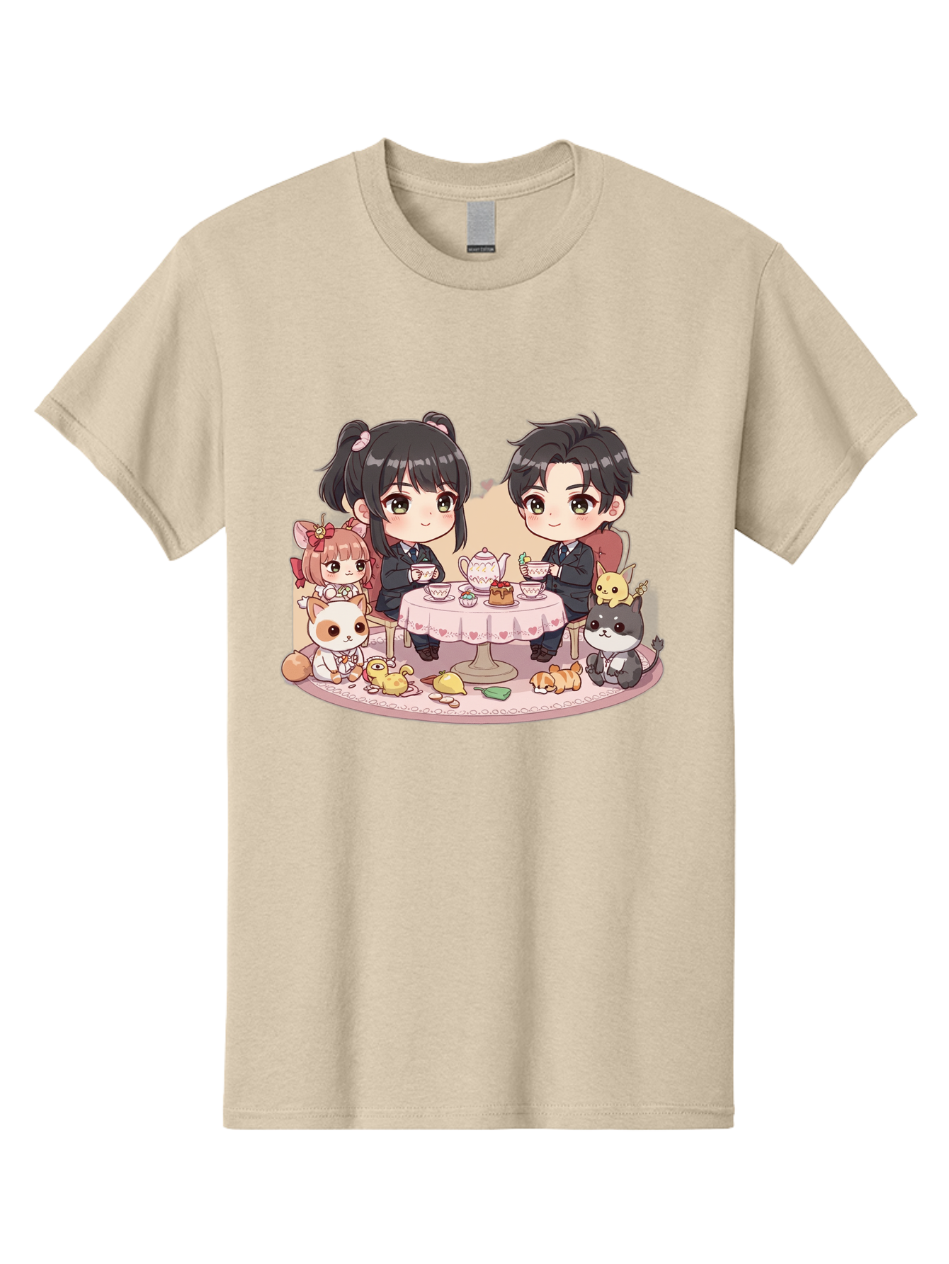 Couple-Having-Tea Men'S Graphic Tee, 100% Cotton, Comfortable Casual Summer Wear, Machine Washable, Couple Having Tea, Cartoon Characters, Anime Style, Tea Party, Adorable Animals, Heartwarming Scene, Tea Cups, Teapot, Sweet Treats, Bab822