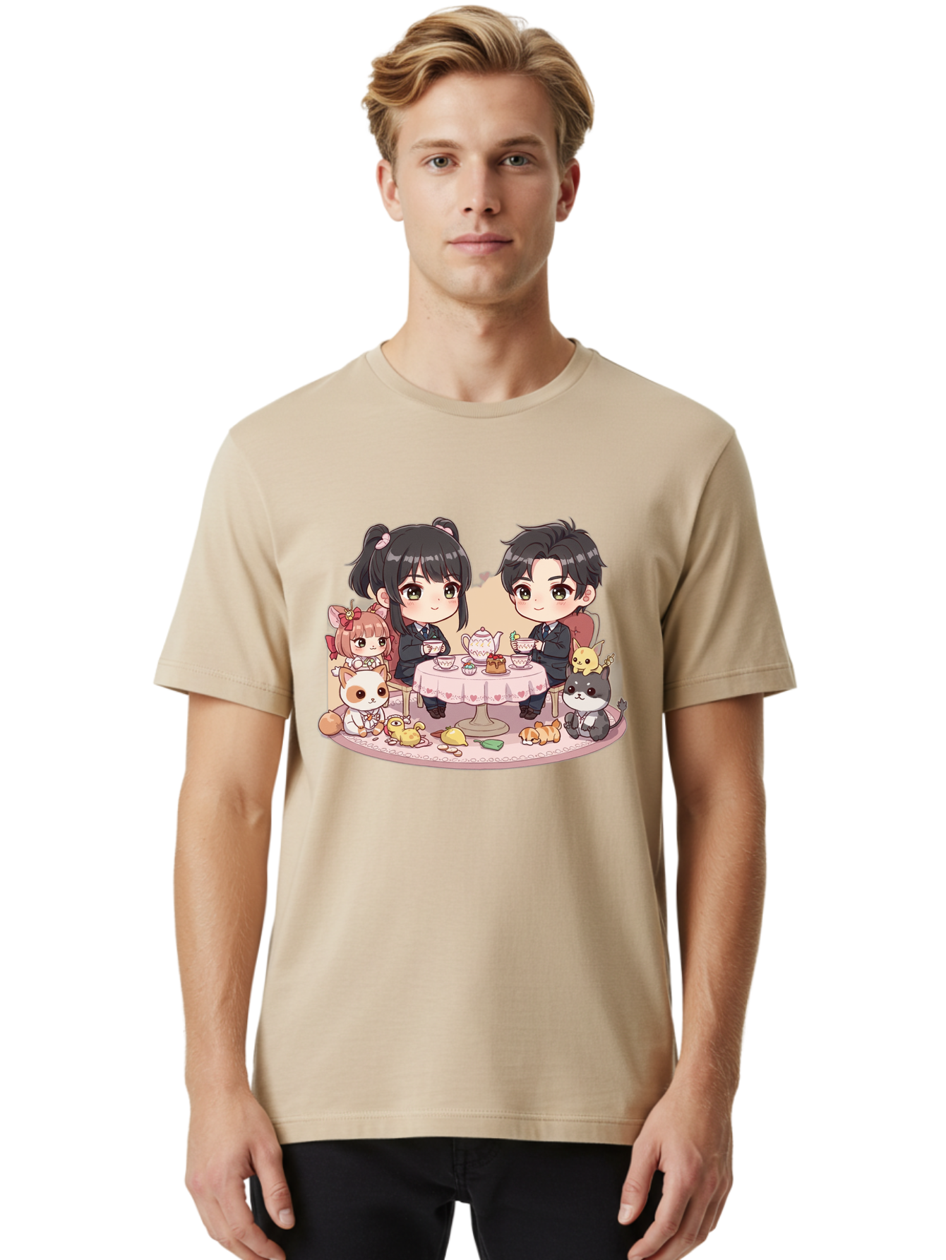 Couple-Having-Tea Men'S Graphic Tee, 100% Cotton, Comfortable Casual Summer Wear, Machine Washable, Couple Having Tea, Cartoon Characters, Anime Style, Tea Party, Adorable Animals, Heartwarming Scene, Tea Cups, Teapot, Sweet Treats, Bab822