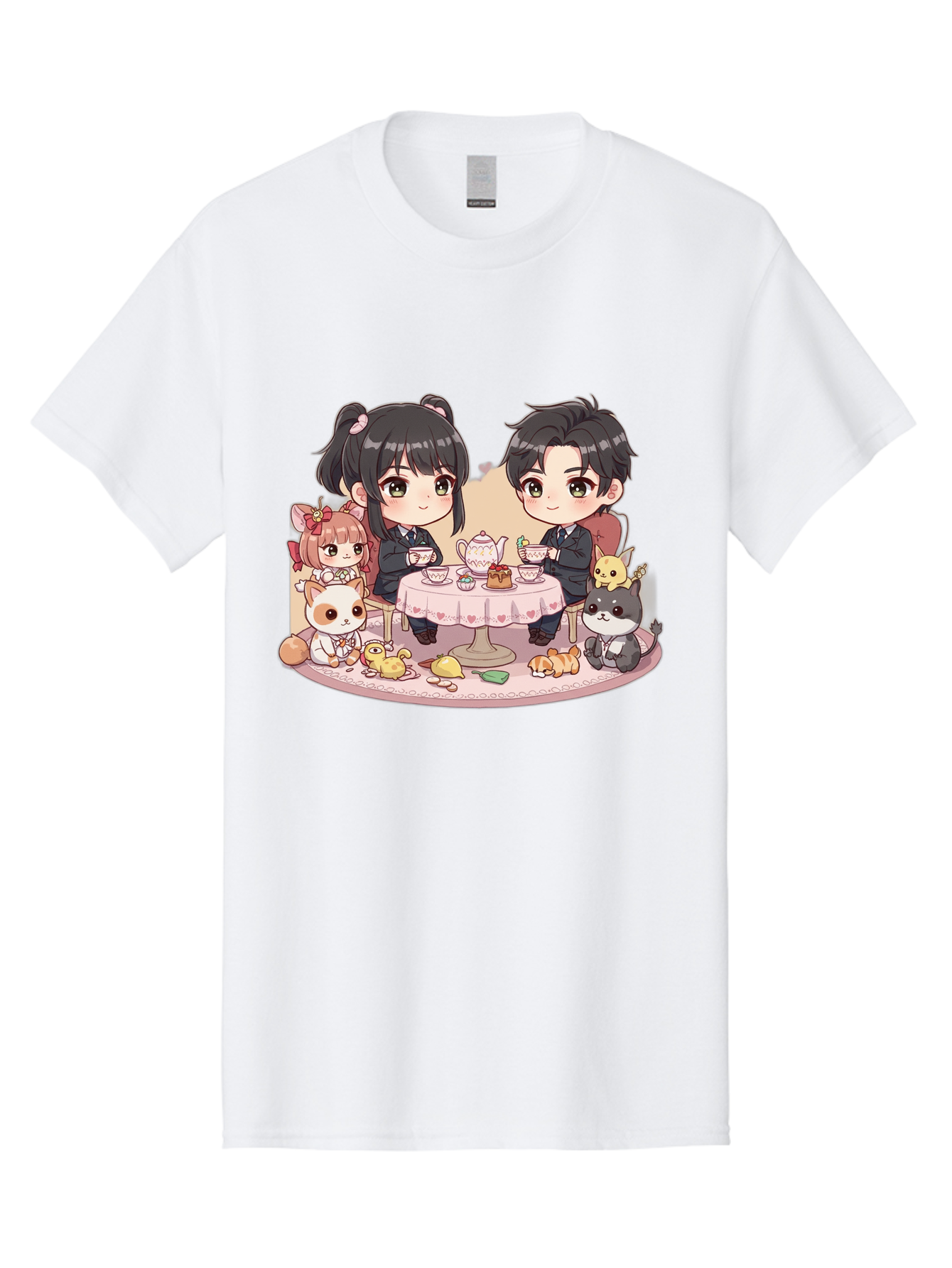 Couple-Having-Tea Men'S Graphic Tee, 100% Cotton, Comfortable Casual Summer Wear, Machine Washable, Couple Having Tea, Cartoon Characters, Anime Style, Tea Party, Adorable Animals, Heartwarming Scene, Tea Cups, Teapot, Sweet Treats, Bab822