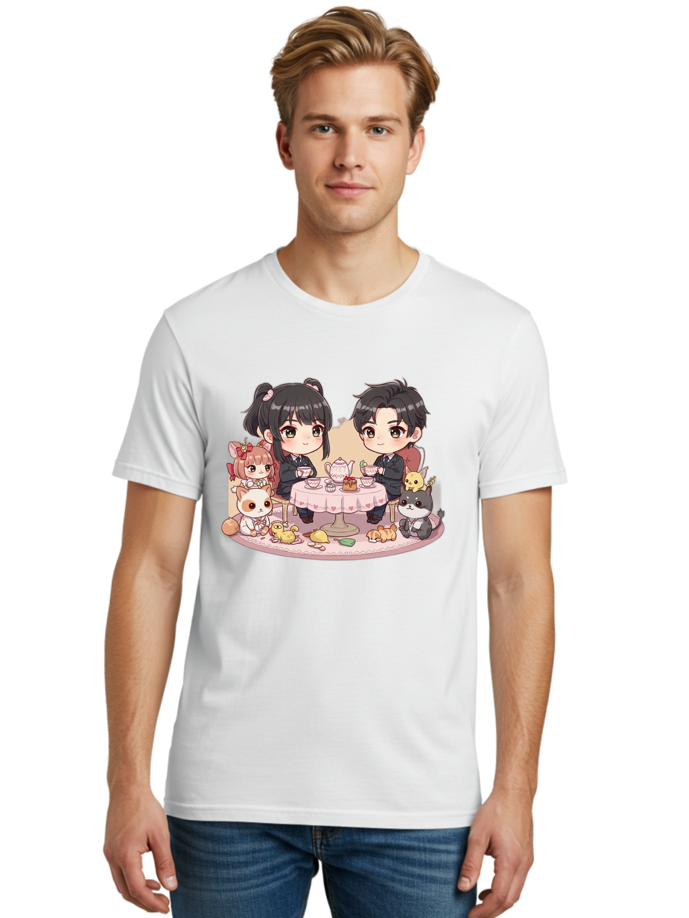 Couple-Having-Tea Men'S Graphic Tee, 100% Cotton, Comfortable Casual Summer Wear, Machine Washable, Couple Having Tea, Cartoon Characters, Anime Style, Tea Party, Adorable Animals, Heartwarming Scene, Tea Cups, Teapot, Sweet Treats, Bab822
