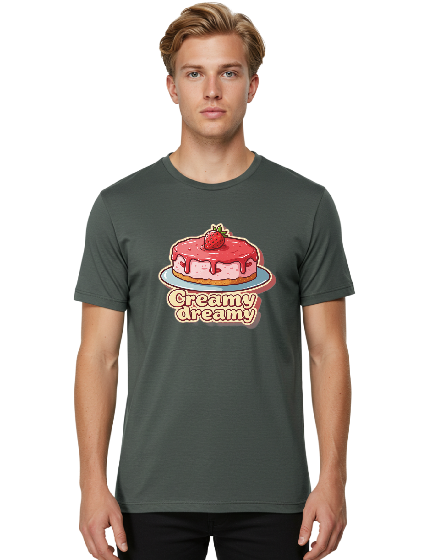 Creamy-Dreamy Men'S Graphic Tee, 100% Cotton, Comfortable Casual Summer Wear, Machine Washable, Strawberry Cheesecake, Sweet Treats, Dessert Lover, Pink Frosting, Strawberry Topping, Creamy Texture, Dreamy Delights, Foodie Art, Bab823