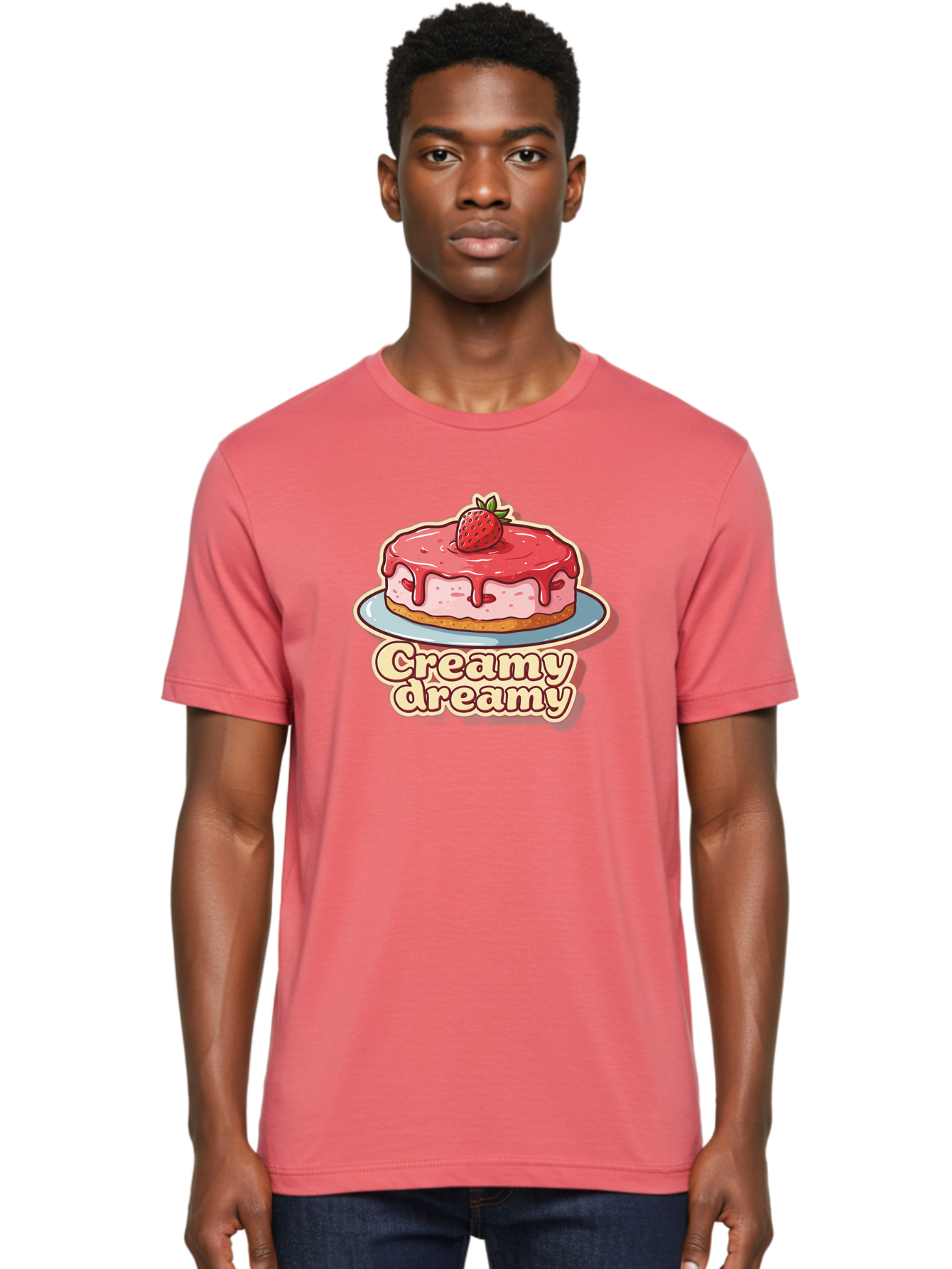 Creamy-Dreamy Men'S Graphic Tee, 100% Cotton, Comfortable Casual Summer Wear, Machine Washable, Strawberry Cheesecake, Sweet Treats, Dessert Lover, Pink Frosting, Strawberry Topping, Creamy Texture, Dreamy Delights, Foodie Art, Bab823