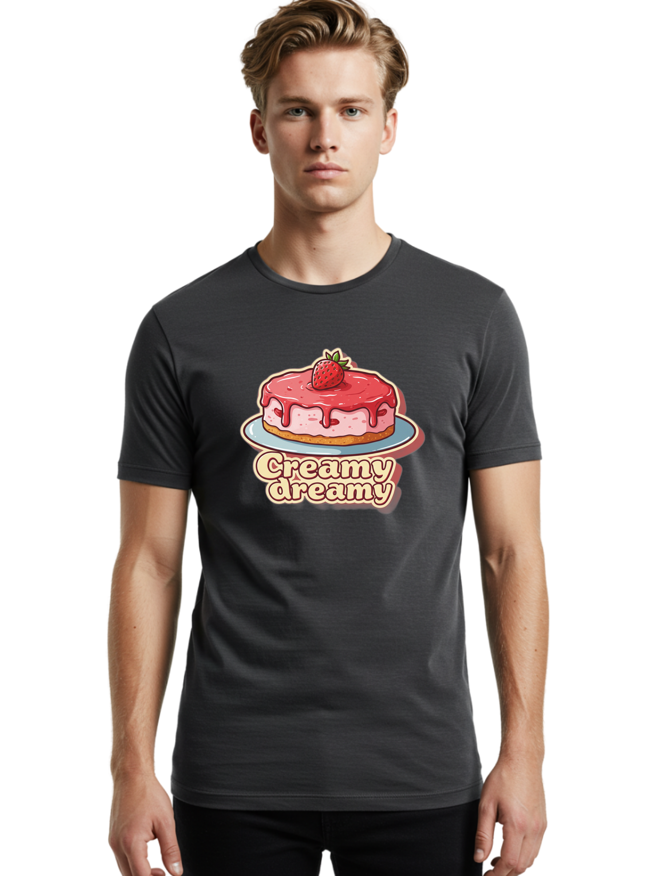 Creamy-Dreamy Men'S Graphic Tee, 100% Cotton, Comfortable Casual Summer Wear, Machine Washable, Strawberry Cheesecake, Sweet Treats, Dessert Lover, Pink Frosting, Strawberry Topping, Creamy Texture, Dreamy Delights, Foodie Art, Bab823