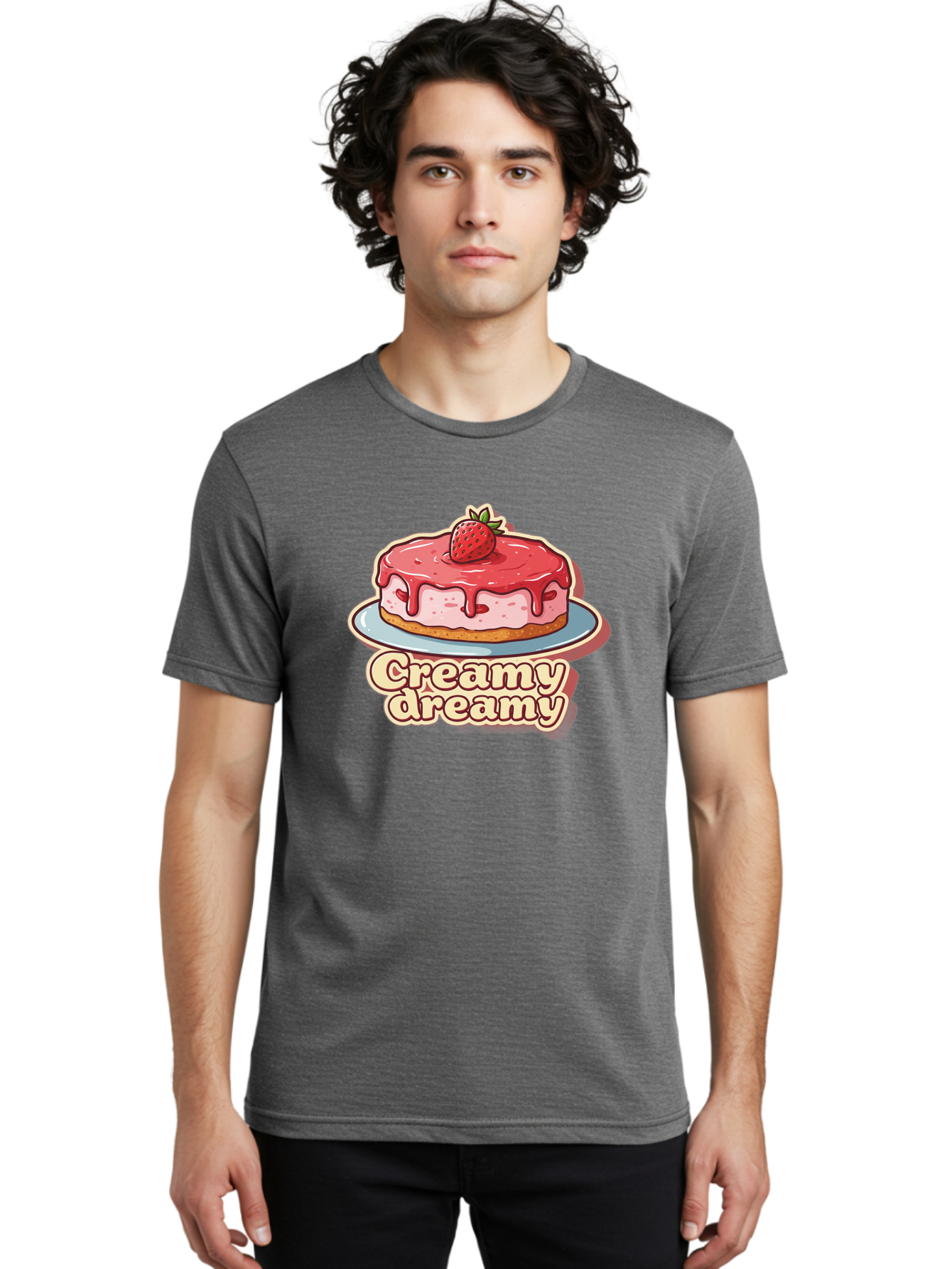 Creamy-Dreamy Men'S Graphic Tee, 100% Cotton, Comfortable Casual Summer Wear, Machine Washable, Strawberry Cheesecake, Sweet Treats, Dessert Lover, Pink Frosting, Strawberry Topping, Creamy Texture, Dreamy Delights, Foodie Art, Bab823