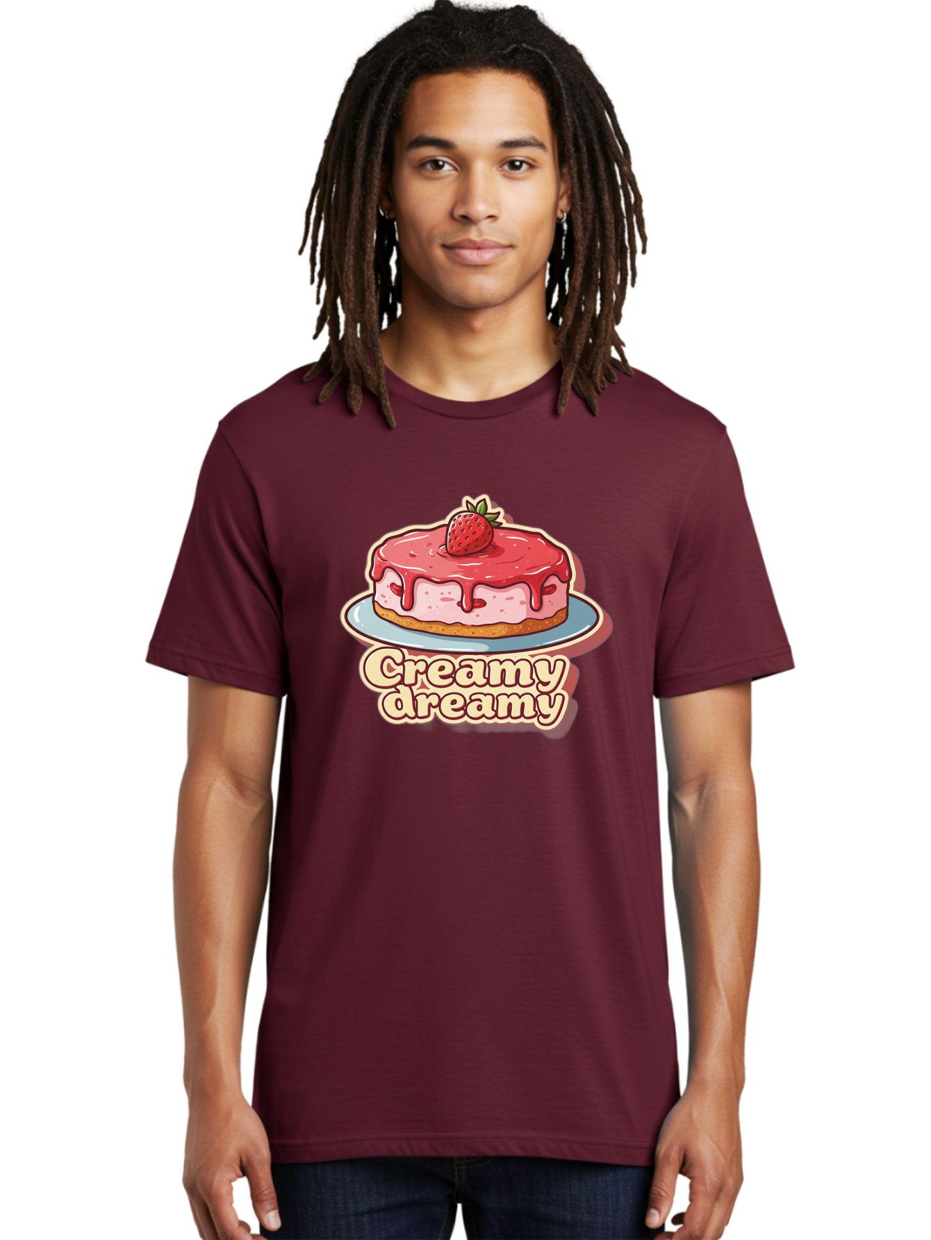 Creamy-Dreamy Men'S Graphic Tee, 100% Cotton, Comfortable Casual Summer Wear, Machine Washable, Strawberry Cheesecake, Sweet Treats, Dessert Lover, Pink Frosting, Strawberry Topping, Creamy Texture, Dreamy Delights, Foodie Art, Bab823