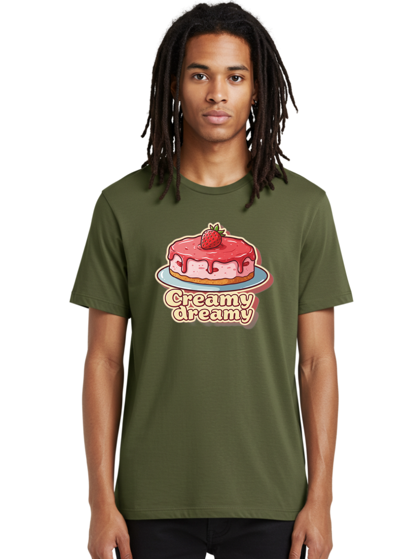 Creamy-Dreamy Men'S Graphic Tee, 100% Cotton, Comfortable Casual Summer Wear, Machine Washable, Strawberry Cheesecake, Sweet Treats, Dessert Lover, Pink Frosting, Strawberry Topping, Creamy Texture, Dreamy Delights, Foodie Art, Bab823