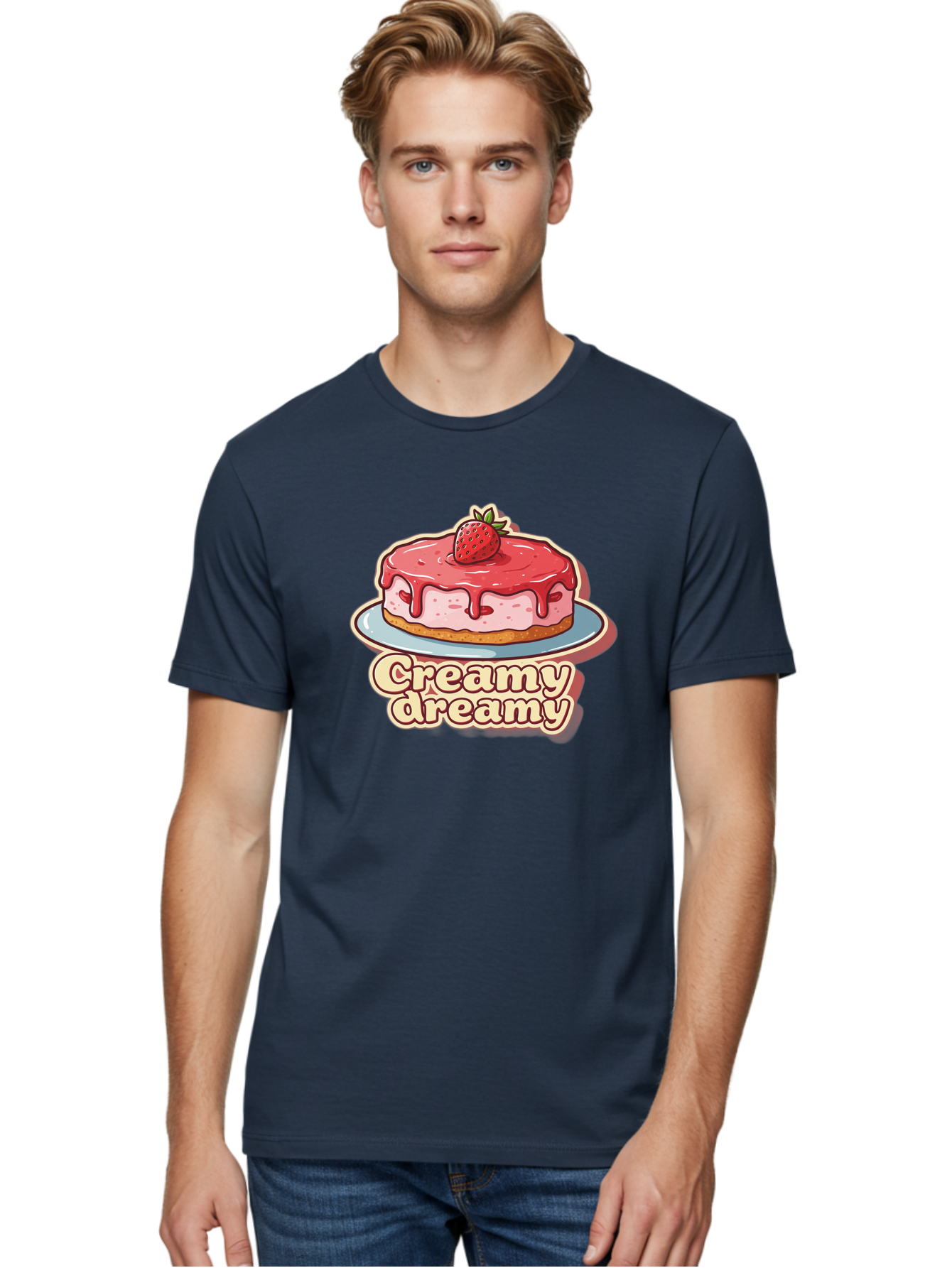 Creamy-Dreamy Men'S Graphic Tee, 100% Cotton, Comfortable Casual Summer Wear, Machine Washable, Strawberry Cheesecake, Sweet Treats, Dessert Lover, Pink Frosting, Strawberry Topping, Creamy Texture, Dreamy Delights, Foodie Art, Bab823