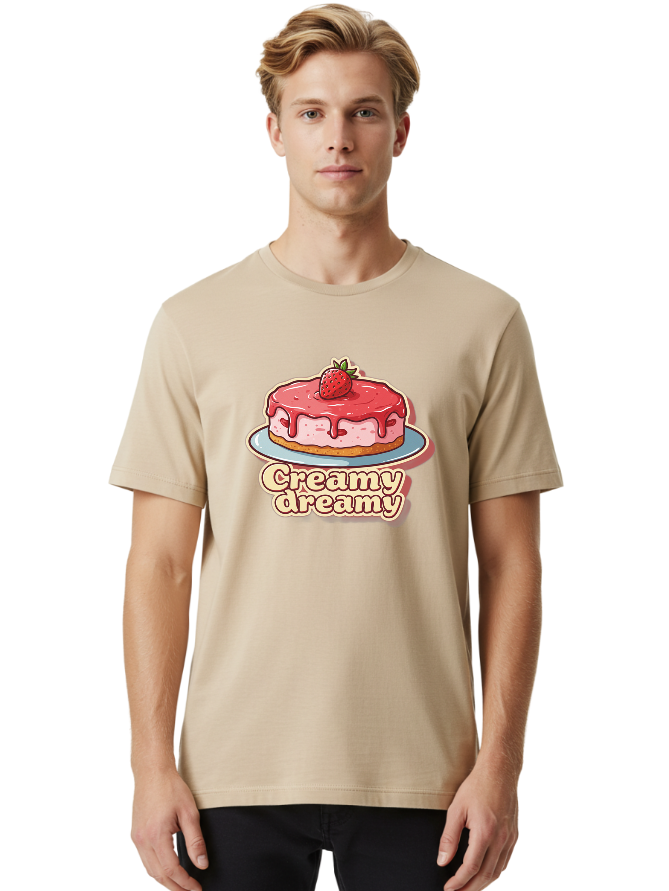Creamy-Dreamy Men'S Graphic Tee, 100% Cotton, Comfortable Casual Summer Wear, Machine Washable, Strawberry Cheesecake, Sweet Treats, Dessert Lover, Pink Frosting, Strawberry Topping, Creamy Texture, Dreamy Delights, Foodie Art, Bab823