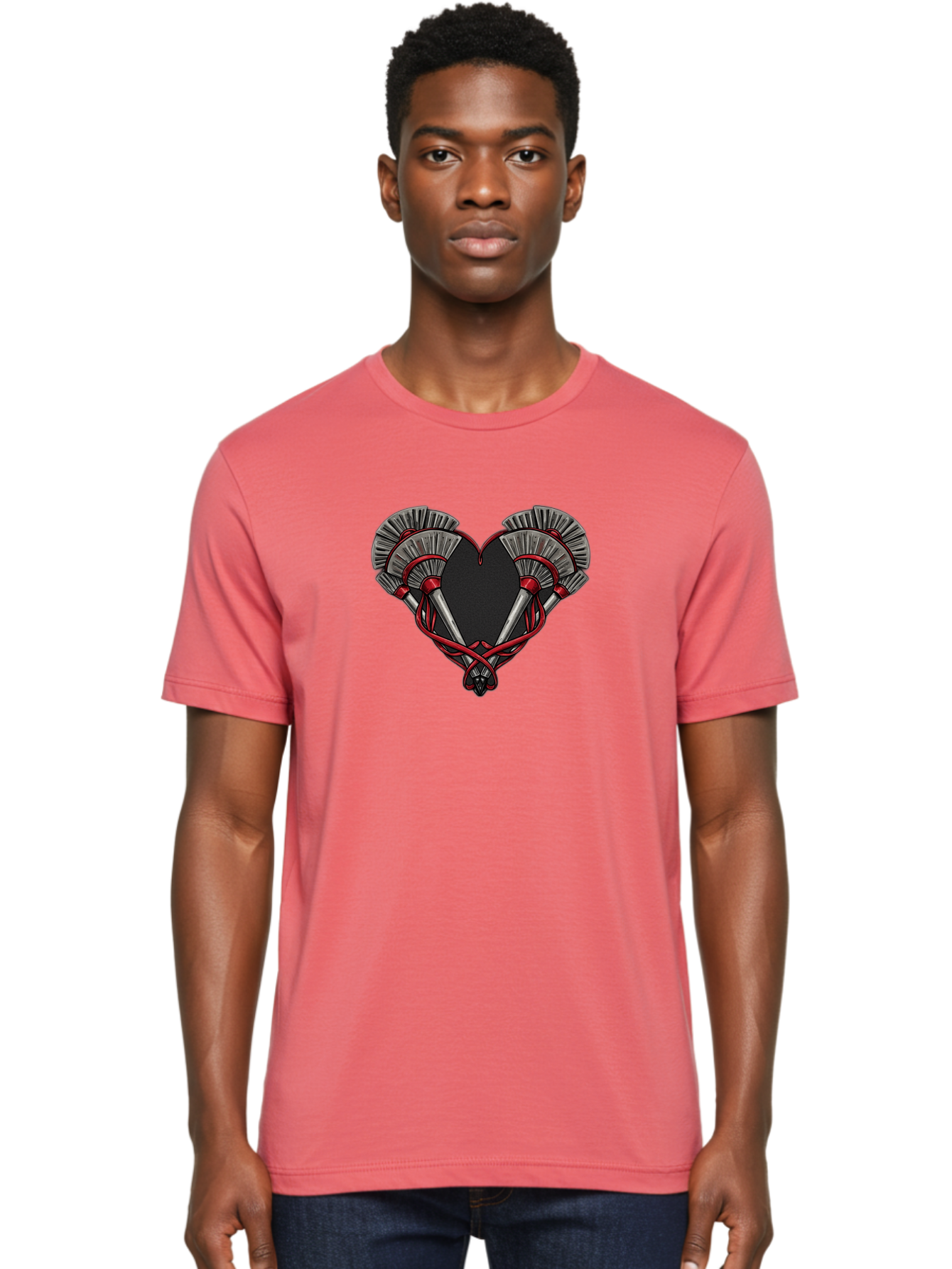 Crossed-Swords-In-Heart Men'S Graphic Tee, 100% Cotton, Comfortable Casual Summer Wear, Machine Washable, Crossed Daggers, Heart Shape, Red Ribbon, Black Heart, Dagger Blades, Silver Handles, Red Accents, Gothic Design, Symbolic Artwork, Bab824