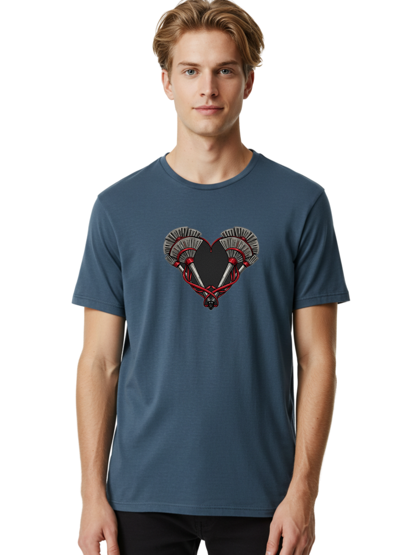 Crossed-Swords-In-Heart Men'S Graphic Tee, 100% Cotton, Comfortable Casual Summer Wear, Machine Washable, Crossed Daggers, Heart Shape, Red Ribbon, Black Heart, Dagger Blades, Silver Handles, Red Accents, Gothic Design, Symbolic Artwork, Bab824