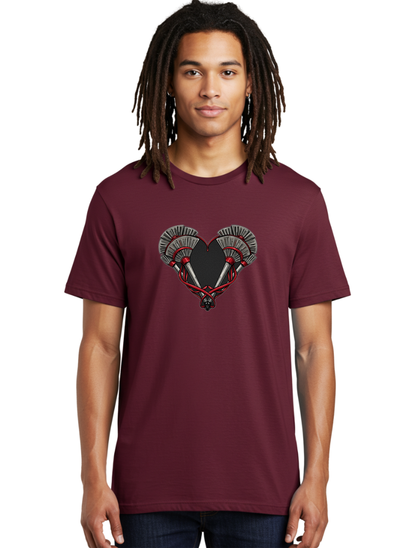 Crossed-Swords-In-Heart Men'S Graphic Tee, 100% Cotton, Comfortable Casual Summer Wear, Machine Washable, Crossed Daggers, Heart Shape, Red Ribbon, Black Heart, Dagger Blades, Silver Handles, Red Accents, Gothic Design, Symbolic Artwork, Bab824