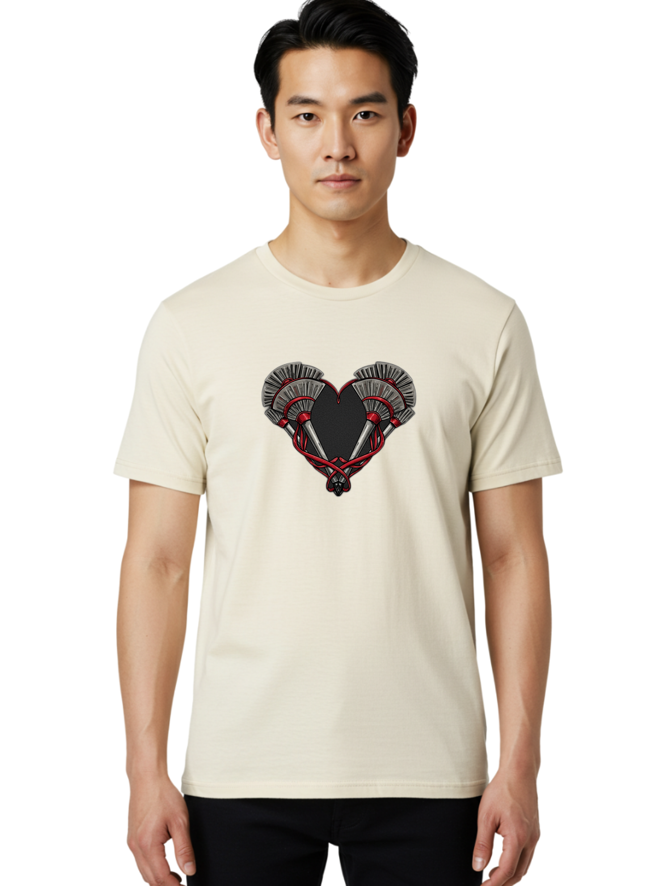 Crossed-Swords-In-Heart Men'S Graphic Tee, 100% Cotton, Comfortable Casual Summer Wear, Machine Washable, Crossed Daggers, Heart Shape, Red Ribbon, Black Heart, Dagger Blades, Silver Handles, Red Accents, Gothic Design, Symbolic Artwork, Bab824