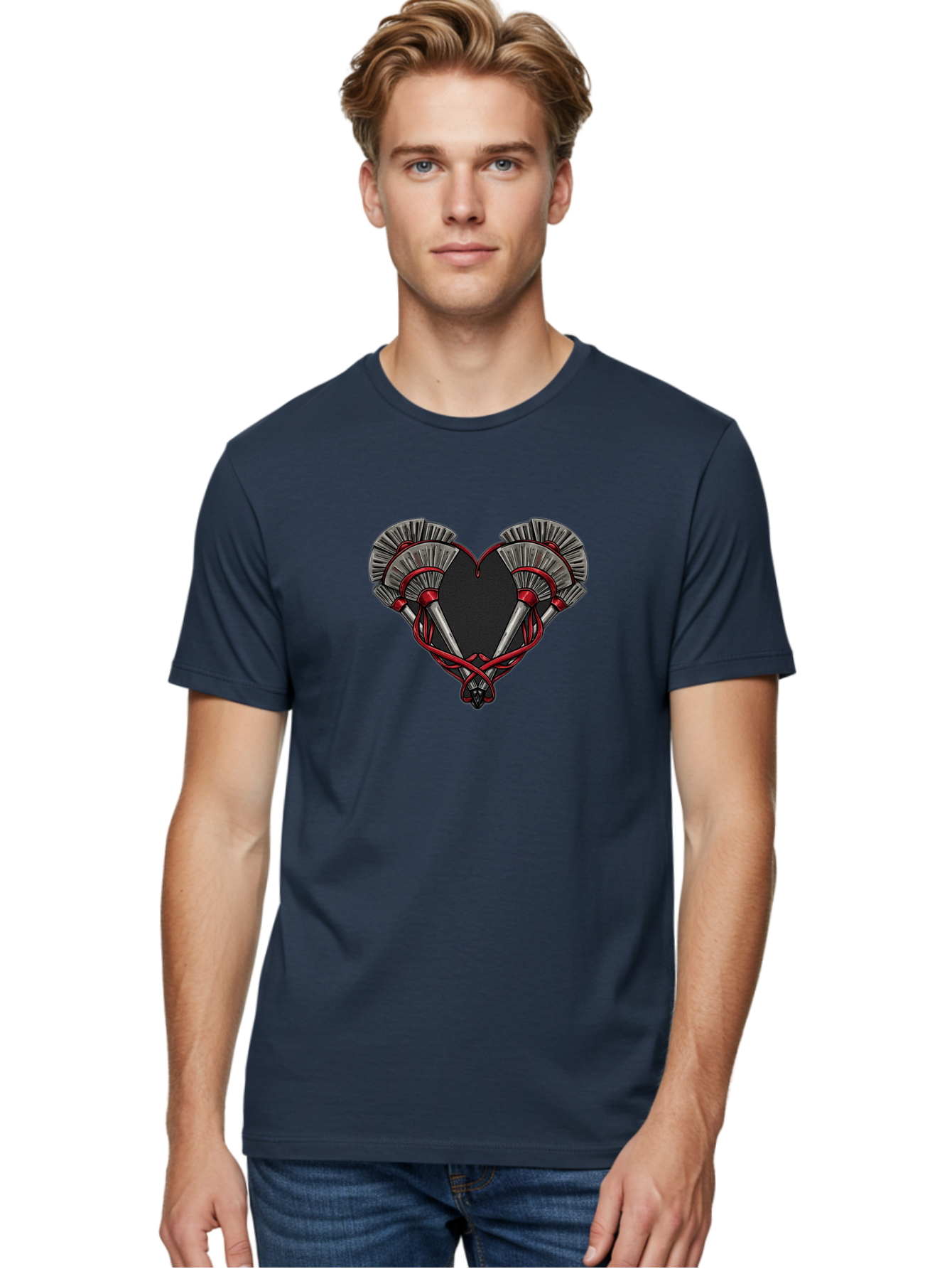 Crossed-Swords-In-Heart Men'S Graphic Tee, 100% Cotton, Comfortable Casual Summer Wear, Machine Washable, Crossed Daggers, Heart Shape, Red Ribbon, Black Heart, Dagger Blades, Silver Handles, Red Accents, Gothic Design, Symbolic Artwork, Bab824