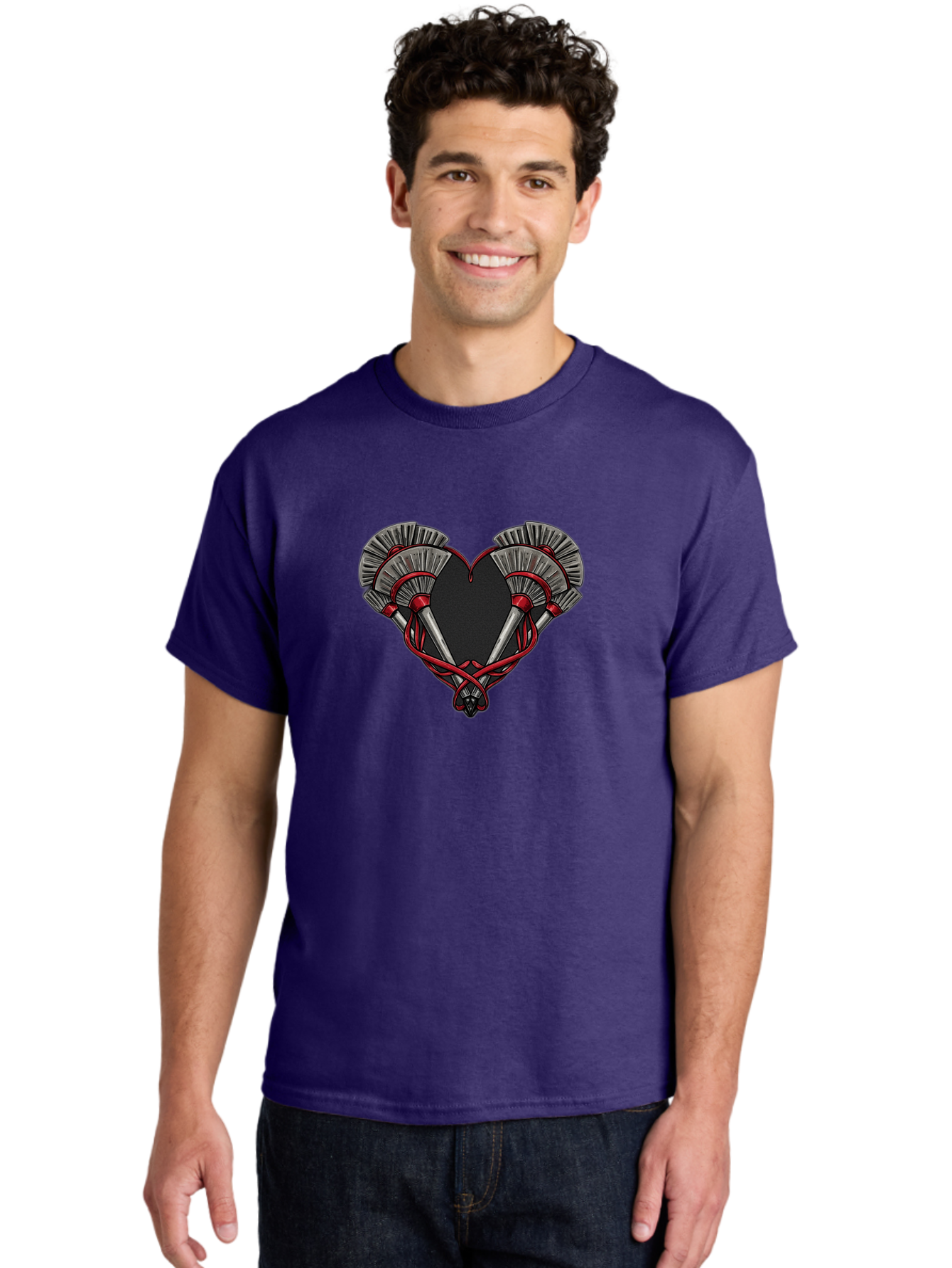 Crossed-Swords-In-Heart Men'S Graphic Tee, 100% Cotton, Comfortable Casual Summer Wear, Machine Washable, Crossed Daggers, Heart Shape, Red Ribbon, Black Heart, Dagger Blades, Silver Handles, Red Accents, Gothic Design, Symbolic Artwork, Bab824