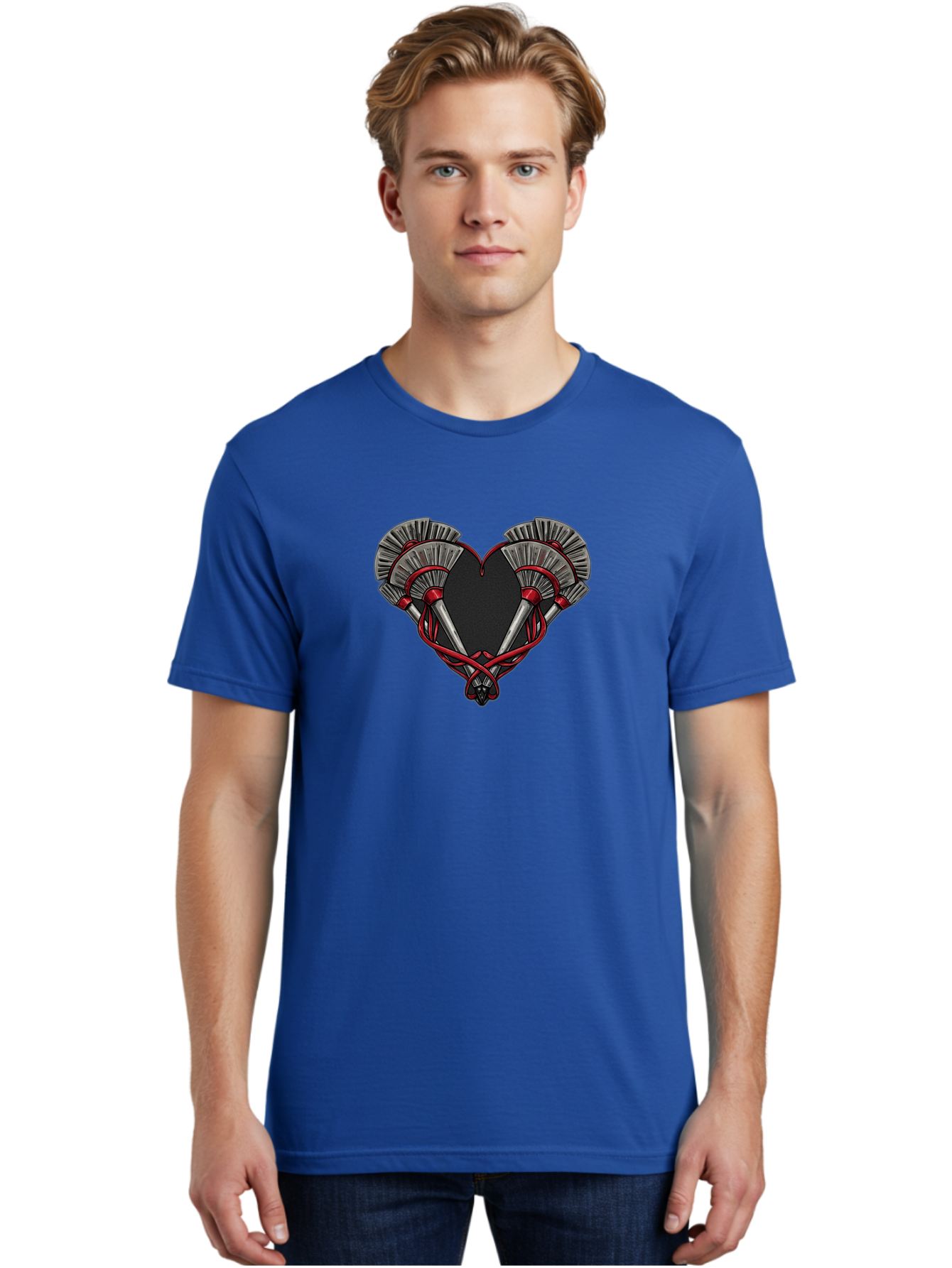Crossed-Swords-In-Heart Men'S Graphic Tee, 100% Cotton, Comfortable Casual Summer Wear, Machine Washable, Crossed Daggers, Heart Shape, Red Ribbon, Black Heart, Dagger Blades, Silver Handles, Red Accents, Gothic Design, Symbolic Artwork, Bab824