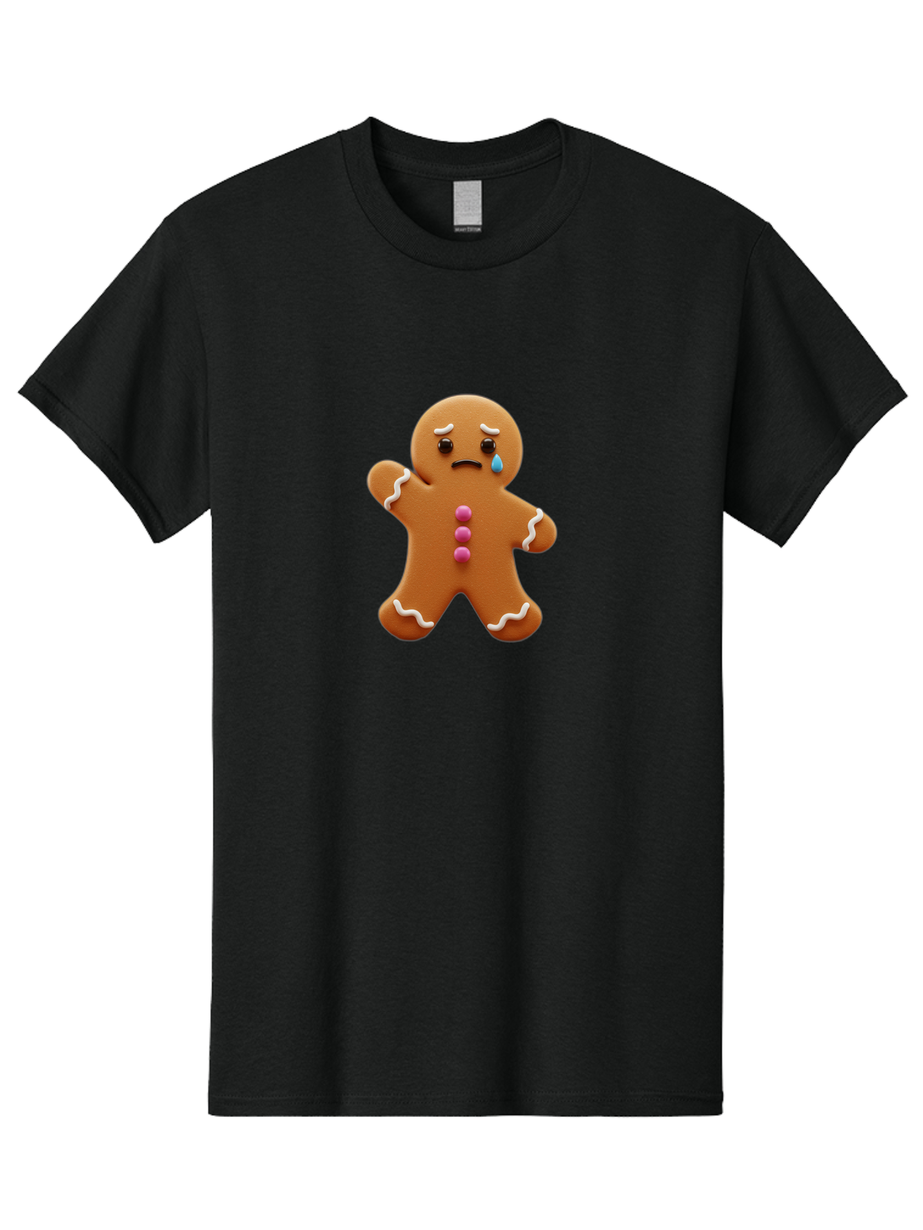Crying-Gingerbread-Man Men'S Graphic Tee, 100% Cotton, Comfortable Casual Summer Wear, Machine Washable, Gingerbread Man, Sad Face, Crying, Unhappy Expression, Frowning, Pink Candy Buttons, White Icing Details, Cartoon Character, Bab825