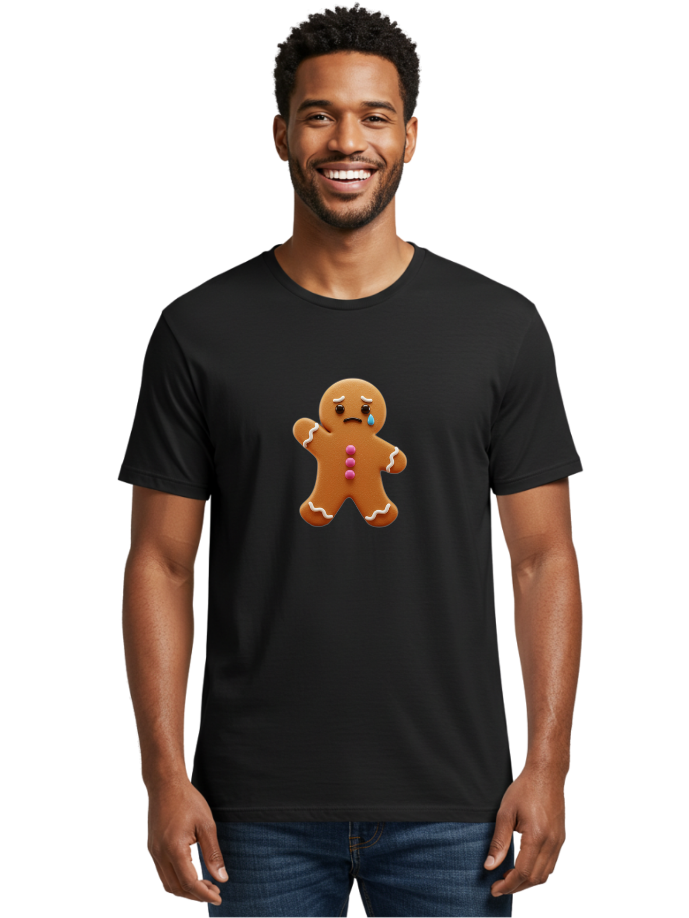 Crying-Gingerbread-Man Men'S Graphic Tee, 100% Cotton, Comfortable Casual Summer Wear, Machine Washable, Gingerbread Man, Sad Face, Crying, Unhappy Expression, Frowning, Pink Candy Buttons, White Icing Details, Cartoon Character, Bab825