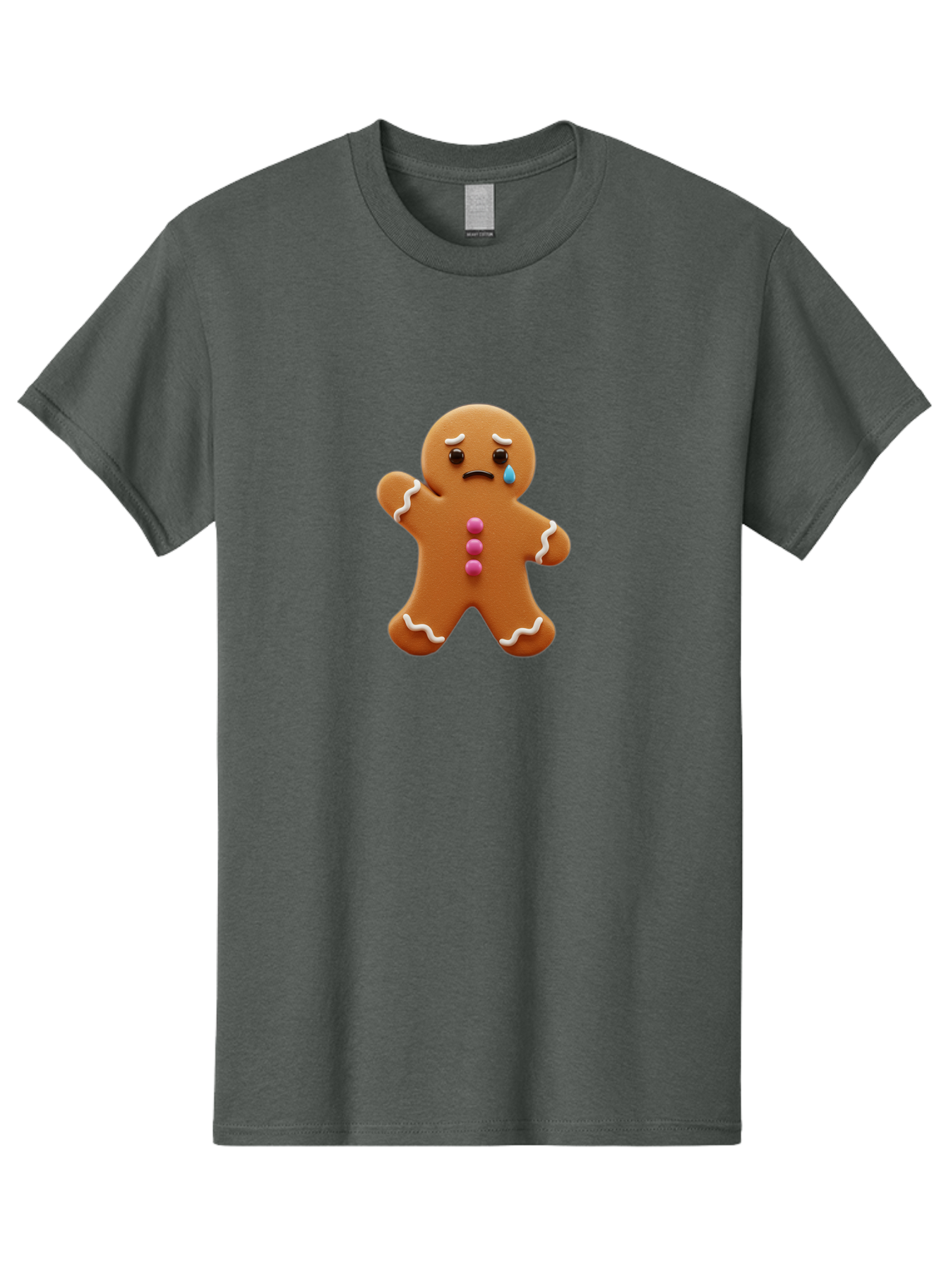 Crying-Gingerbread-Man Men'S Graphic Tee, 100% Cotton, Comfortable Casual Summer Wear, Machine Washable, Gingerbread Man, Sad Face, Crying, Unhappy Expression, Frowning, Pink Candy Buttons, White Icing Details, Cartoon Character, Bab825
