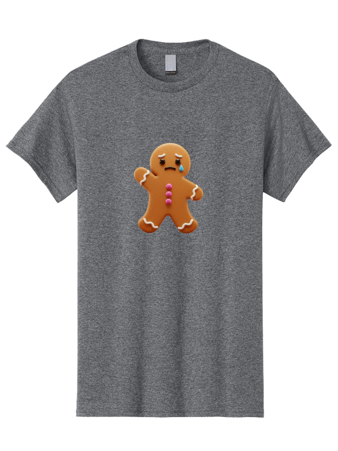 Crying-Gingerbread-Man Men'S Graphic Tee, 100% Cotton, Comfortable Casual Summer Wear, Machine Washable, Gingerbread Man, Sad Face, Crying, Unhappy Expression, Frowning, Pink Candy Buttons, White Icing Details, Cartoon Character, Bab825