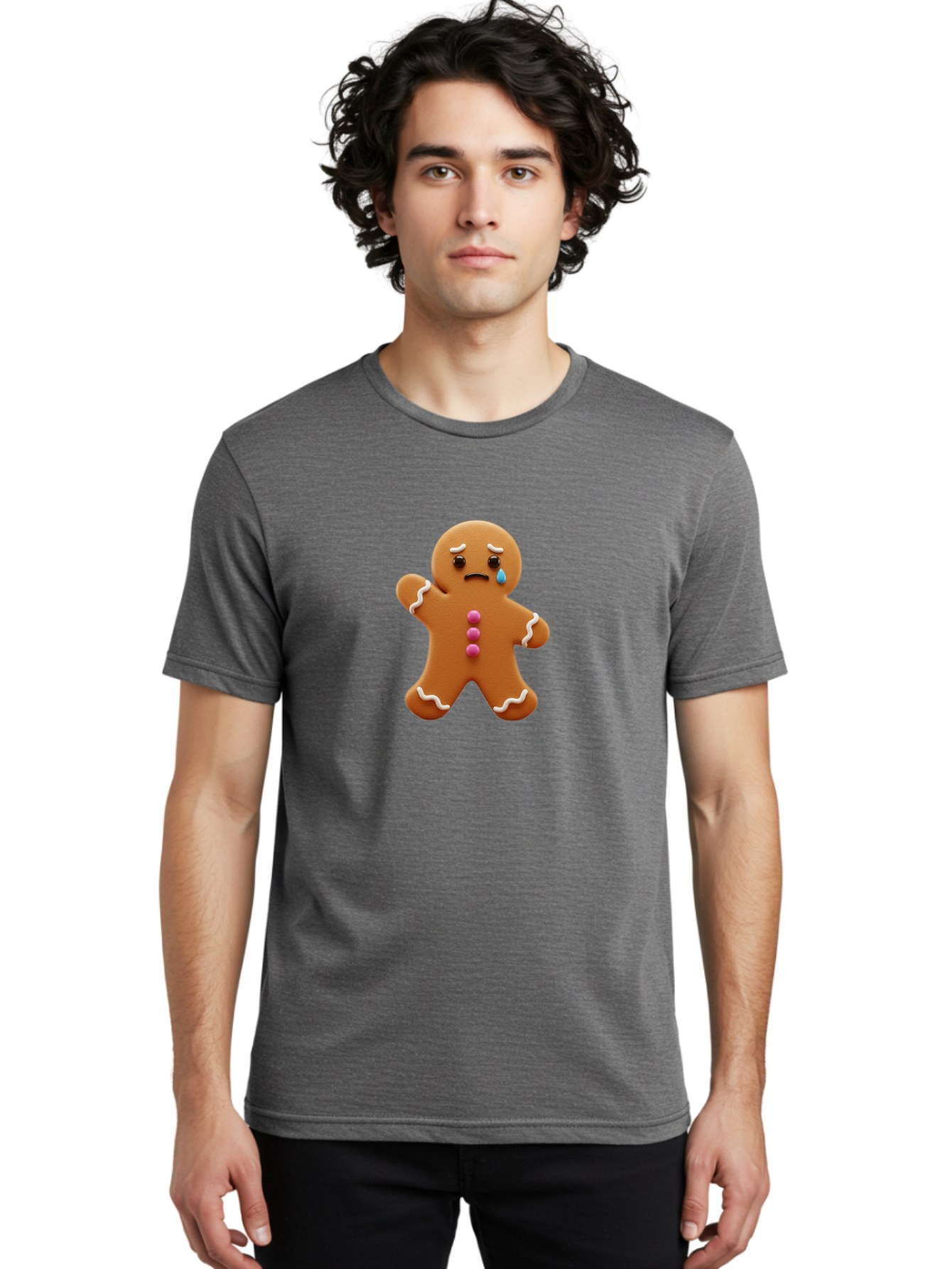 Crying-Gingerbread-Man Men'S Graphic Tee, 100% Cotton, Comfortable Casual Summer Wear, Machine Washable, Gingerbread Man, Sad Face, Crying, Unhappy Expression, Frowning, Pink Candy Buttons, White Icing Details, Cartoon Character, Bab825