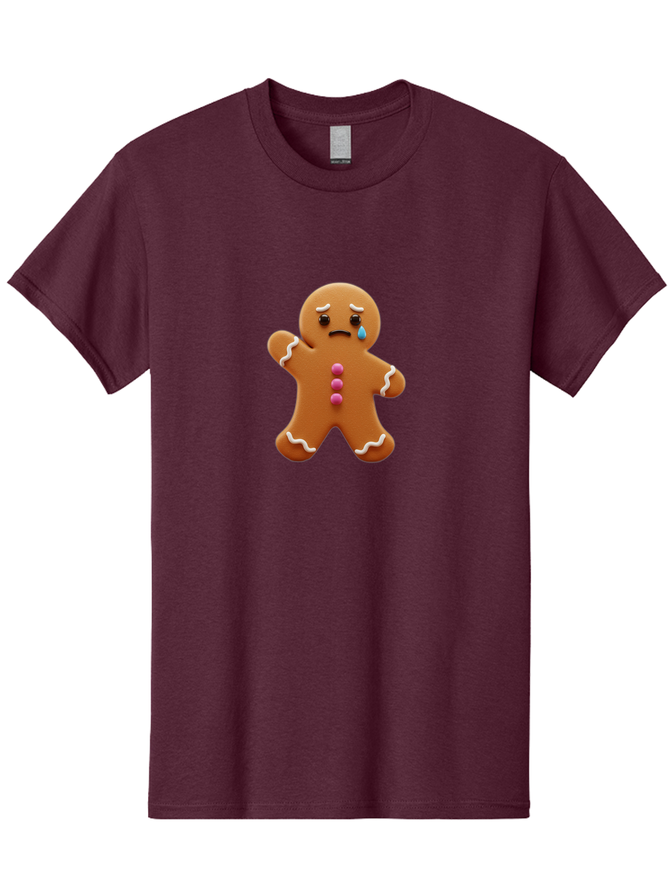 Crying-Gingerbread-Man Men'S Graphic Tee, 100% Cotton, Comfortable Casual Summer Wear, Machine Washable, Gingerbread Man, Sad Face, Crying, Unhappy Expression, Frowning, Pink Candy Buttons, White Icing Details, Cartoon Character, Bab825