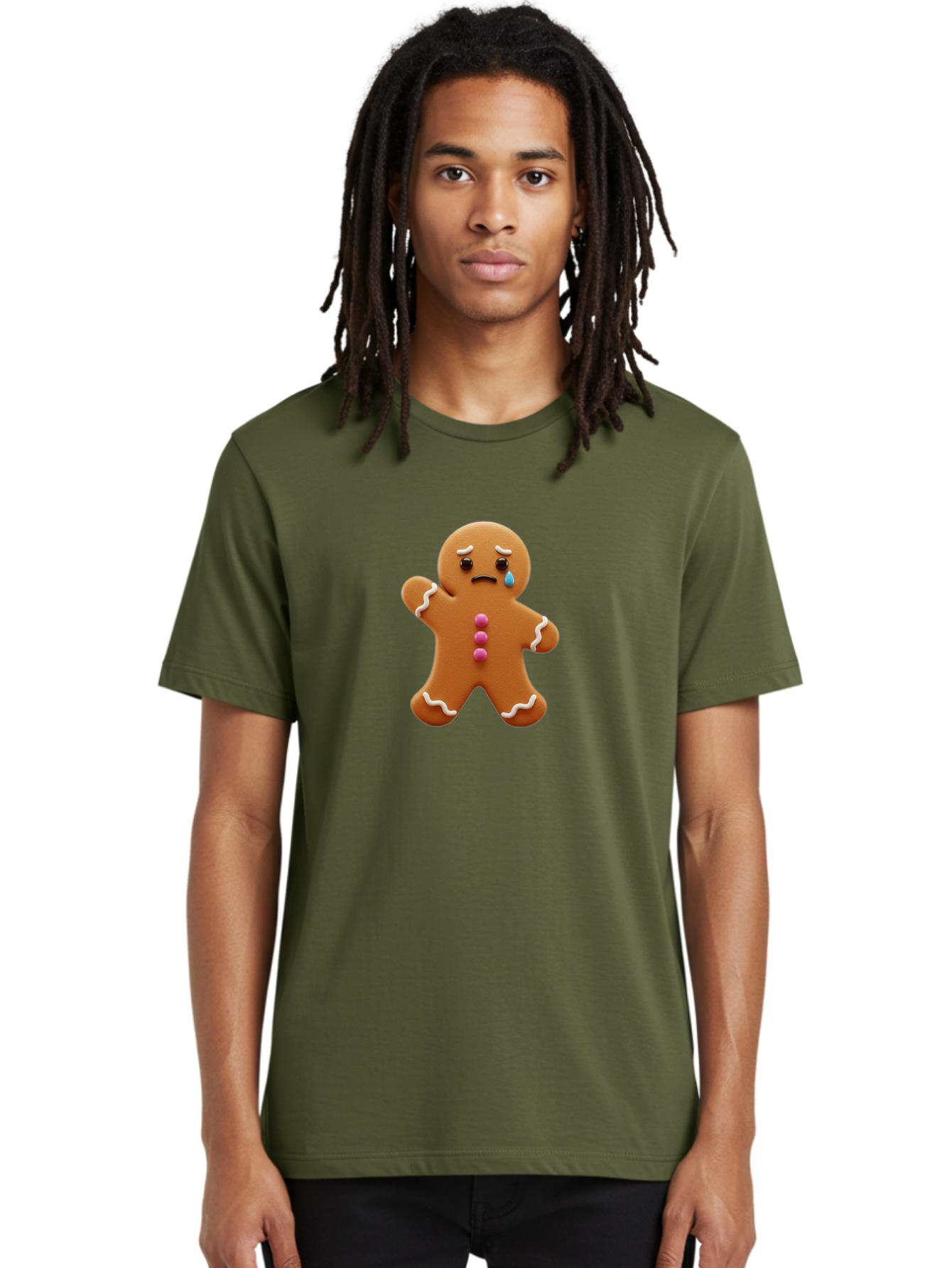 Crying-Gingerbread-Man Men'S Graphic Tee, 100% Cotton, Comfortable Casual Summer Wear, Machine Washable, Gingerbread Man, Sad Face, Crying, Unhappy Expression, Frowning, Pink Candy Buttons, White Icing Details, Cartoon Character, Bab825