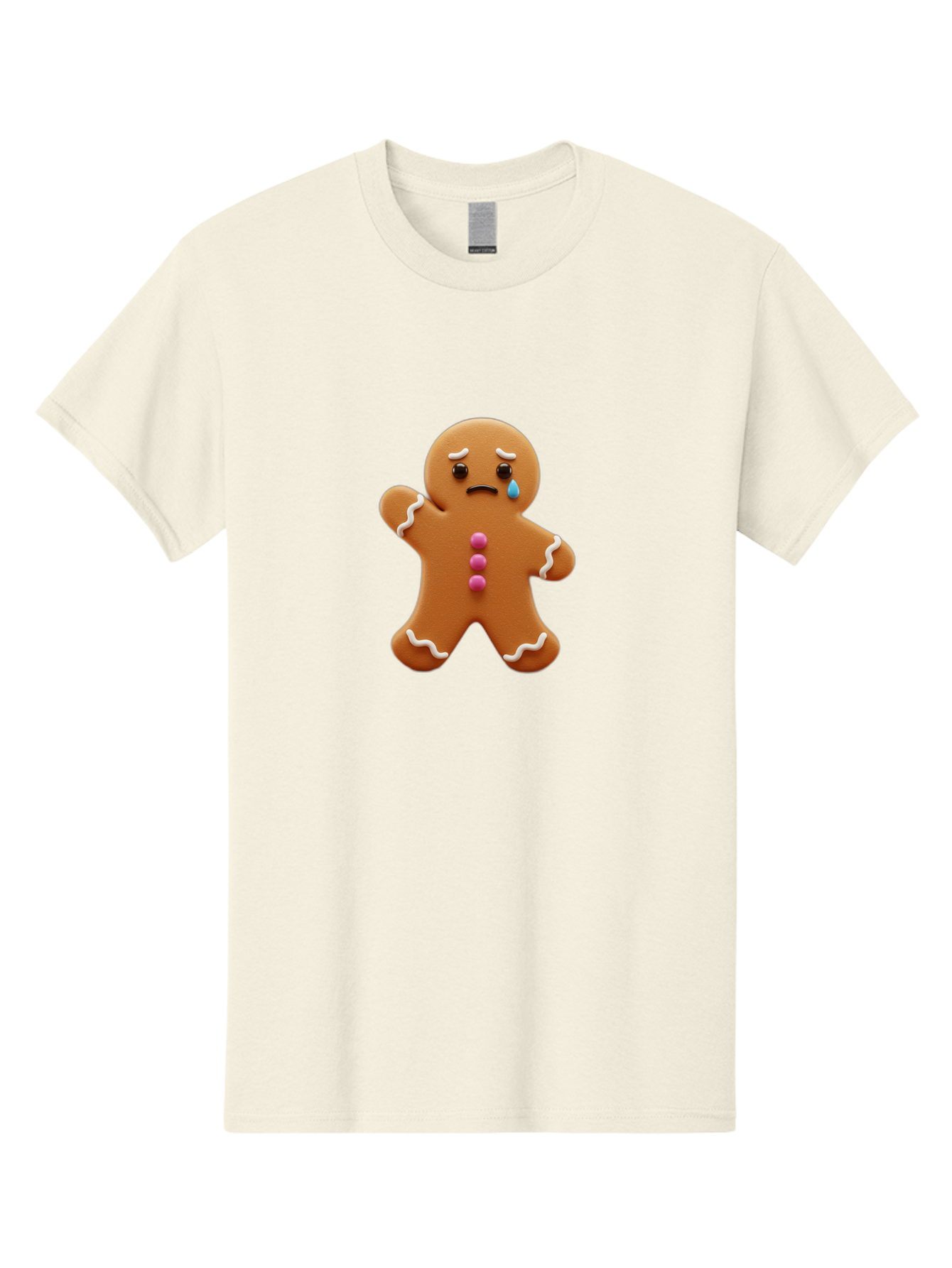 Crying-Gingerbread-Man Men'S Graphic Tee, 100% Cotton, Comfortable Casual Summer Wear, Machine Washable, Gingerbread Man, Sad Face, Crying, Unhappy Expression, Frowning, Pink Candy Buttons, White Icing Details, Cartoon Character, Bab825