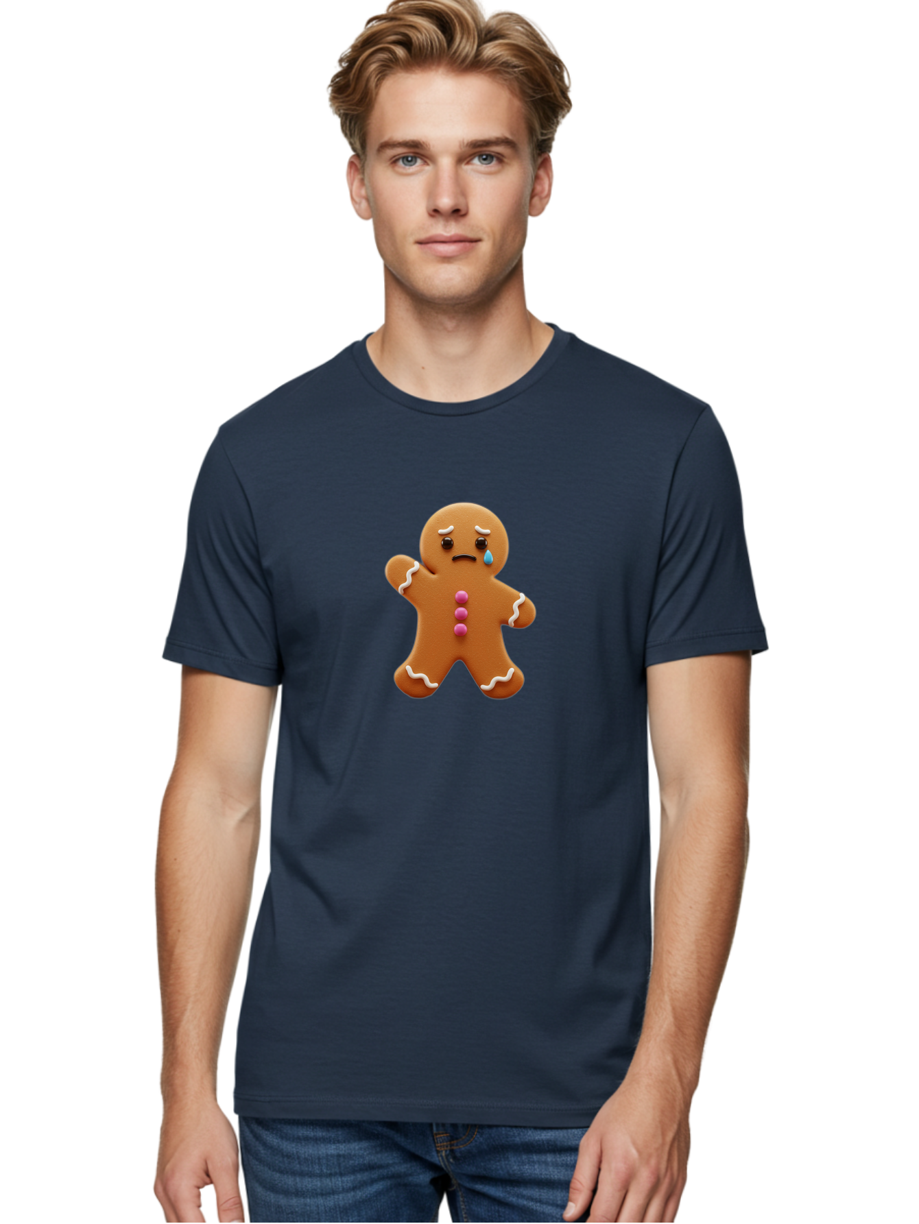 Crying-Gingerbread-Man Men'S Graphic Tee, 100% Cotton, Comfortable Casual Summer Wear, Machine Washable, Gingerbread Man, Sad Face, Crying, Unhappy Expression, Frowning, Pink Candy Buttons, White Icing Details, Cartoon Character, Bab825
