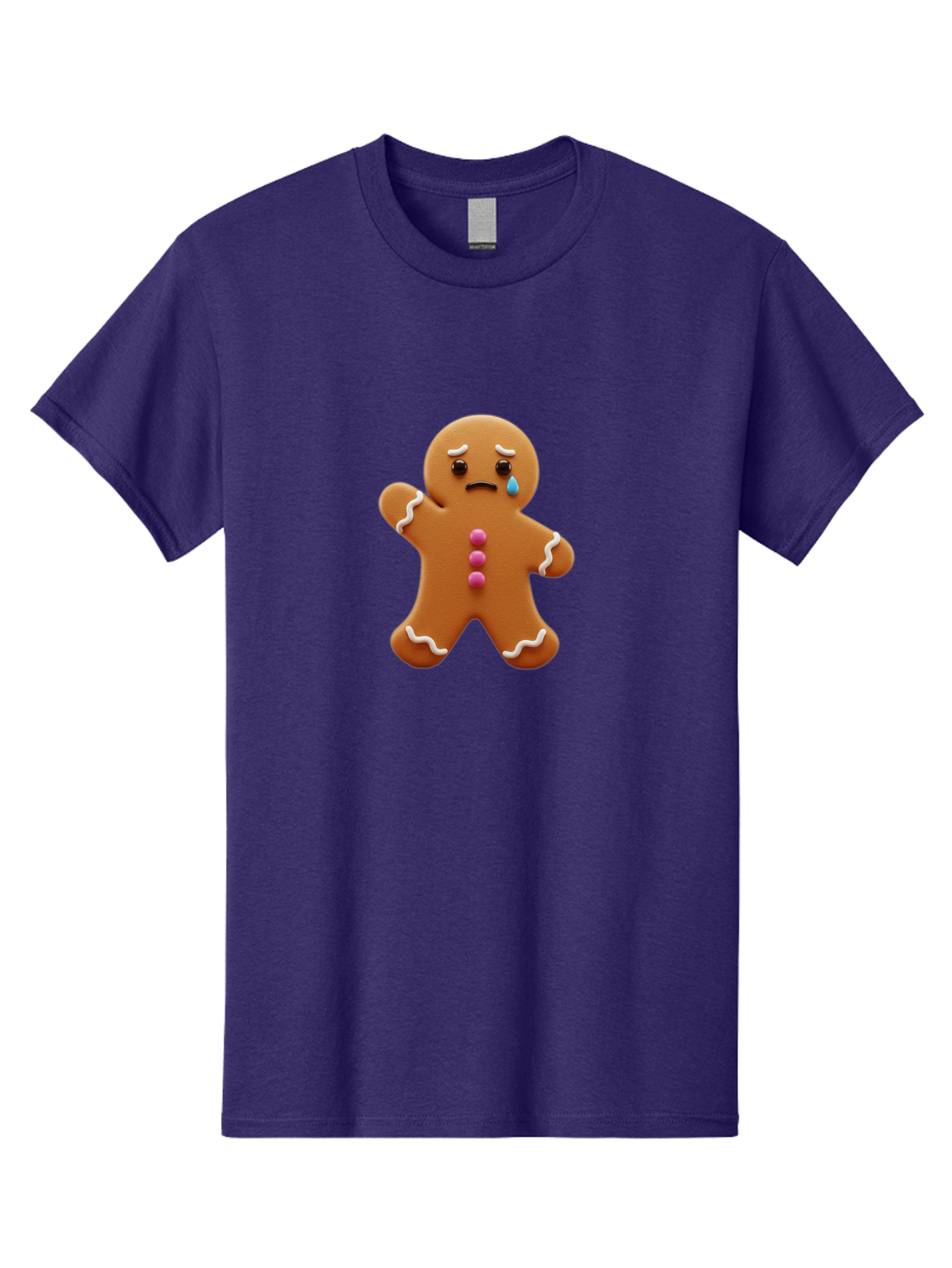 Crying-Gingerbread-Man Men'S Graphic Tee, 100% Cotton, Comfortable Casual Summer Wear, Machine Washable, Gingerbread Man, Sad Face, Crying, Unhappy Expression, Frowning, Pink Candy Buttons, White Icing Details, Cartoon Character, Bab825