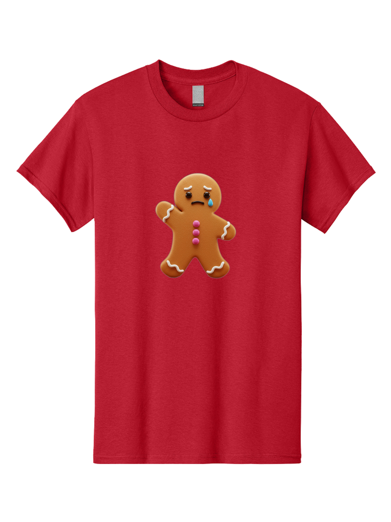Crying-Gingerbread-Man Men'S Graphic Tee, 100% Cotton, Comfortable Casual Summer Wear, Machine Washable, Gingerbread Man, Sad Face, Crying, Unhappy Expression, Frowning, Pink Candy Buttons, White Icing Details, Cartoon Character, Bab825