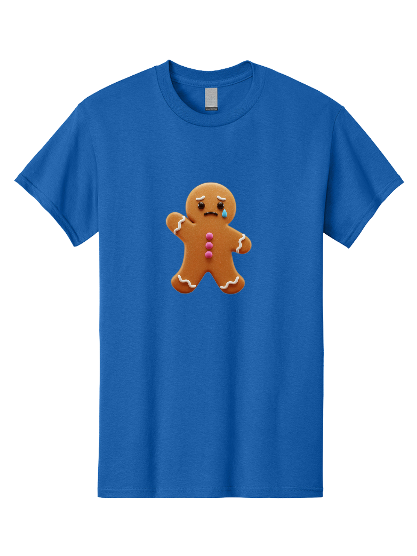 Crying-Gingerbread-Man Men'S Graphic Tee, 100% Cotton, Comfortable Casual Summer Wear, Machine Washable, Gingerbread Man, Sad Face, Crying, Unhappy Expression, Frowning, Pink Candy Buttons, White Icing Details, Cartoon Character, Bab825