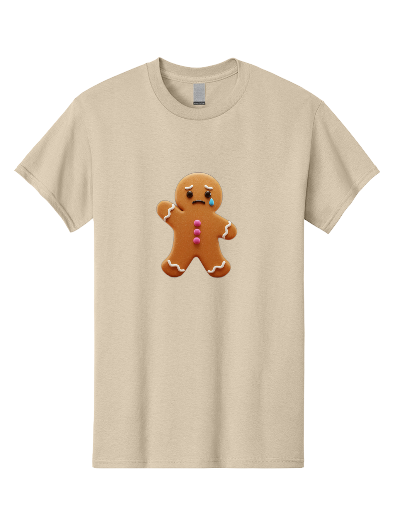 Crying-Gingerbread-Man Men'S Graphic Tee, 100% Cotton, Comfortable Casual Summer Wear, Machine Washable, Gingerbread Man, Sad Face, Crying, Unhappy Expression, Frowning, Pink Candy Buttons, White Icing Details, Cartoon Character, Bab825
